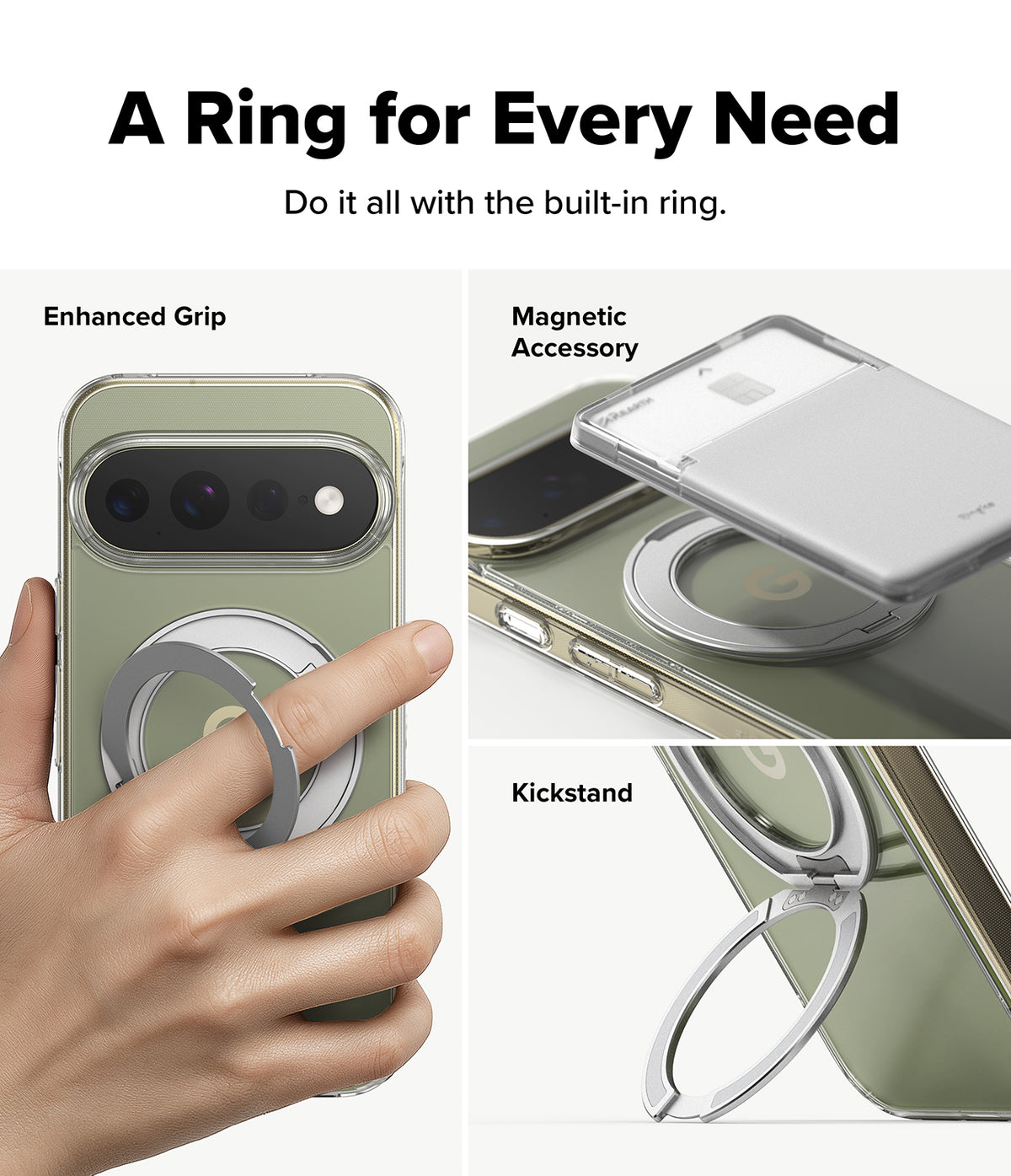 Google Pixel 11 Pro XL Case | Fusion Ring - A phone case with a built-in silver ring accessory, shown in three panels: one held by a hand to demonstrate the enhanced grip, one showing the magnetic accessory extended, and one showing the kickstand extended. Text at the top reads 'A Ring for Every Need'.