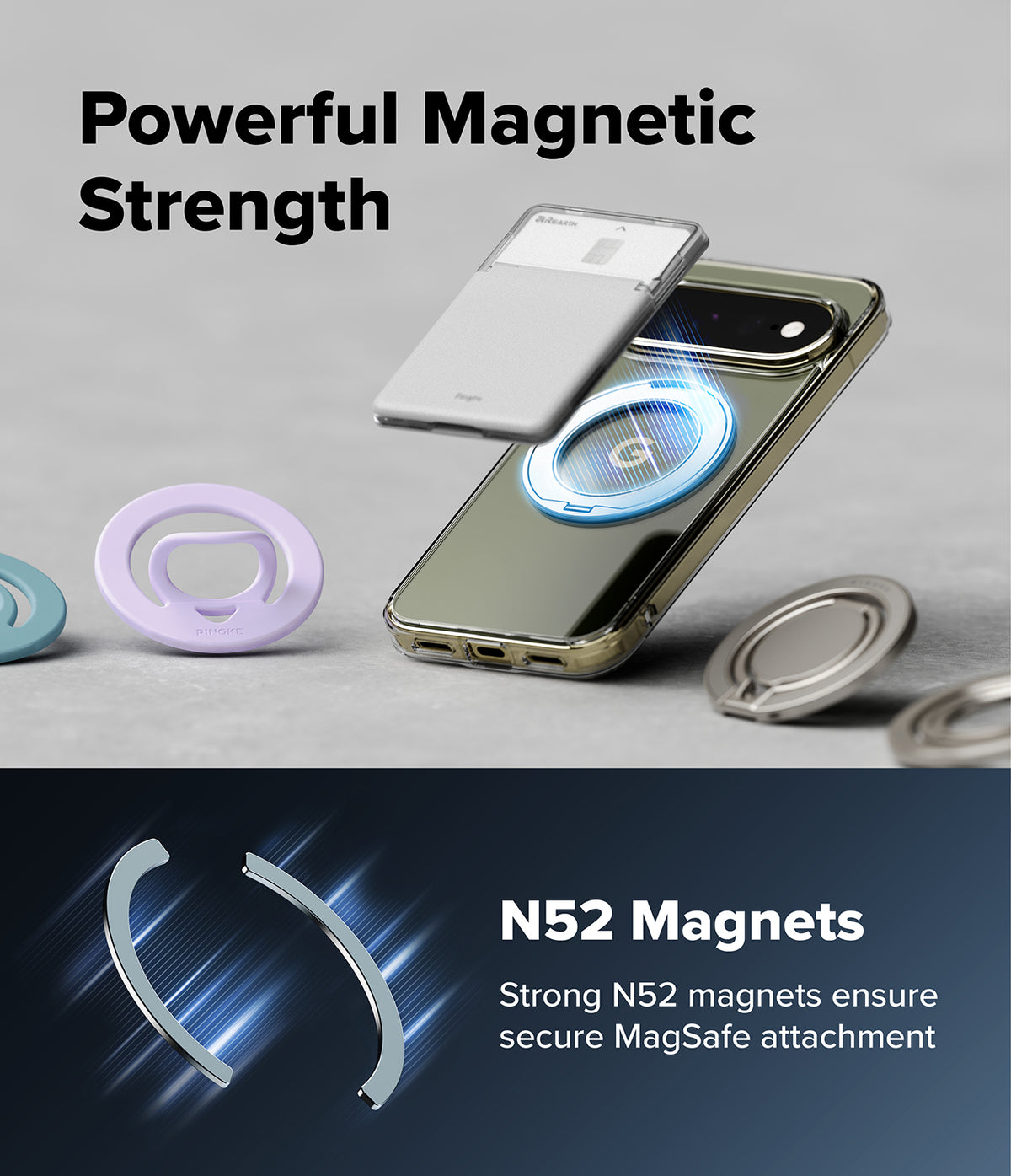 Google Pixel 11 Pro XL Case | Fusion Ring - A smartphone case with built-in magnetic accessories shown on a light gray background, with floating views of a card holder, ring stand, and MagSafe attachment. Large text reads 'Powerful Magnetic Strength' and 'N52 Magnets Strong N52 magnets ensure secure MagSafe attachment.