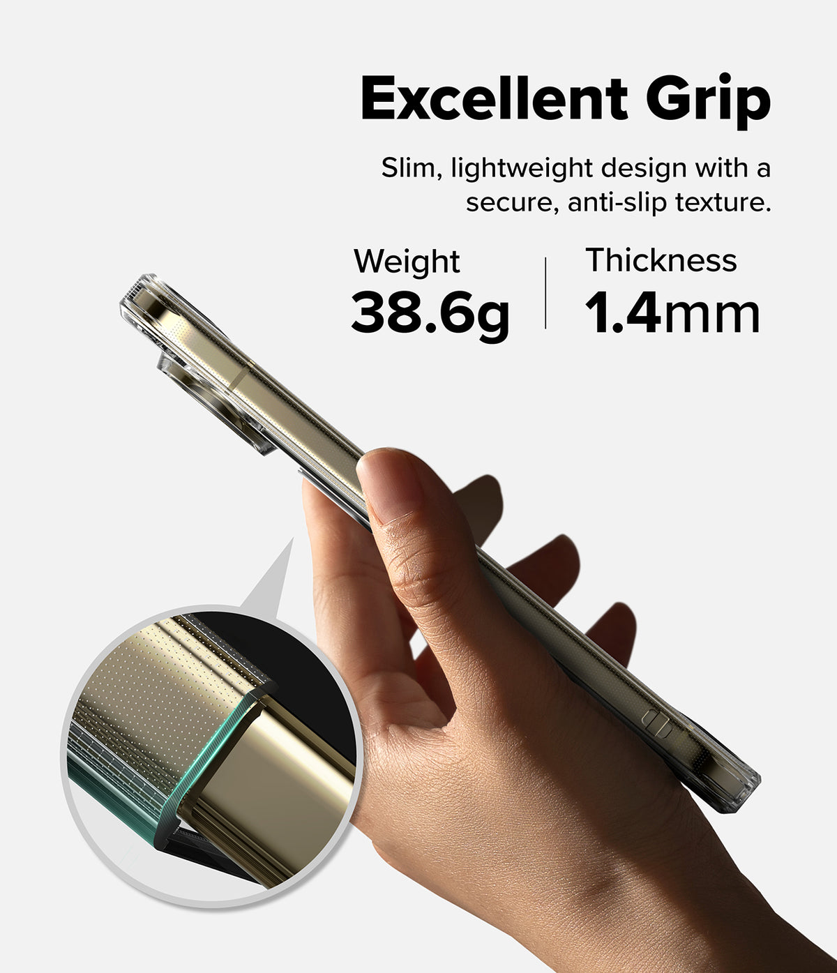 Google Pixel 11 Pro XL Case | Fusion Ring - A hand holds a slim metallic phone case against a light gray background, with text reading 'Excellent Grip' and weight/thickness specs. A circular inset shows a close-up of the textured case edge.