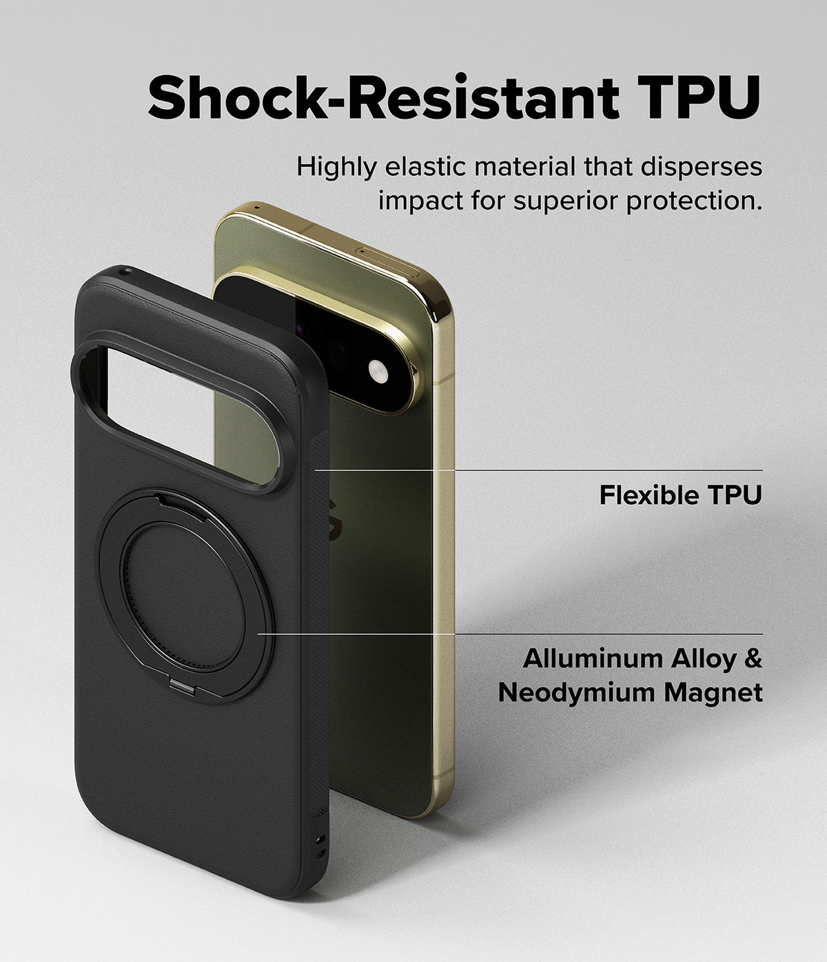 Google Pixel 11 Pro XL Case | Onyx Ring - Black and gold phone cases with text callouts reading 'Shock-Resistant TPU', 'Flexible TPU', and 'Alluminum Alloy & Neodymium Magnet' on a light gray background.
