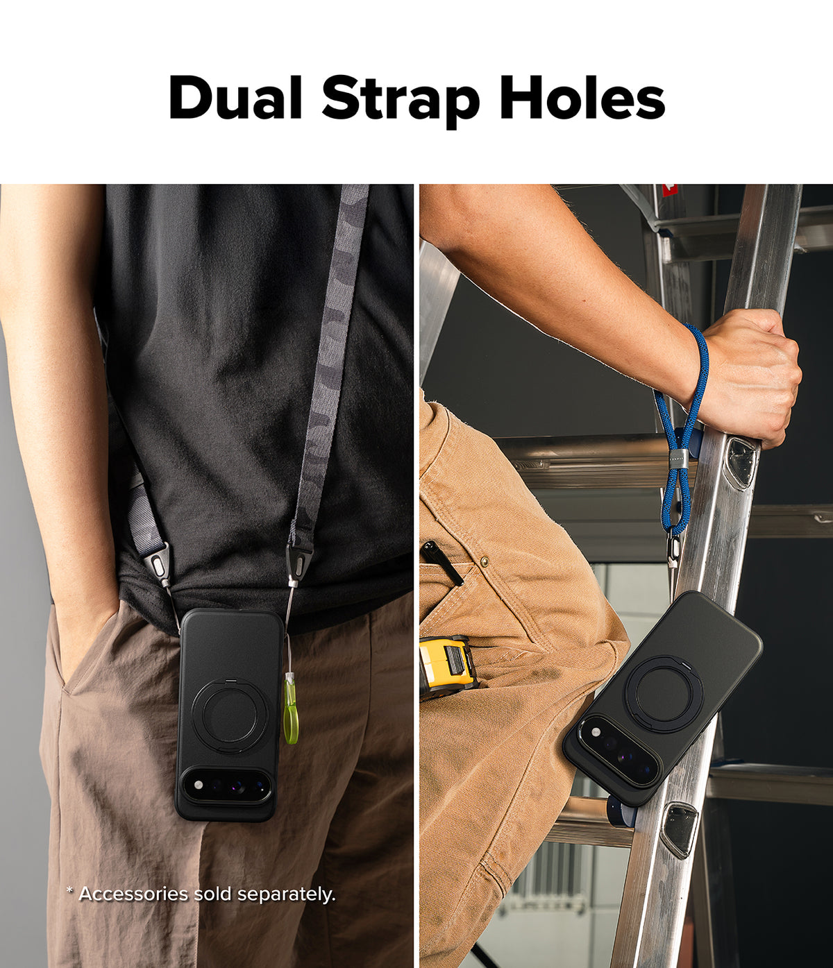 Google Pixel 11 Pro XL Case | Onyx Ring - A split-panel product demonstration showing a black phone case with dual strap attachment points. The left panel shows the case hanging from a shoulder strap on a person's waist, and the right panel shows the case hanging from a blue wrist strap on a person's leg while holding a ladder.