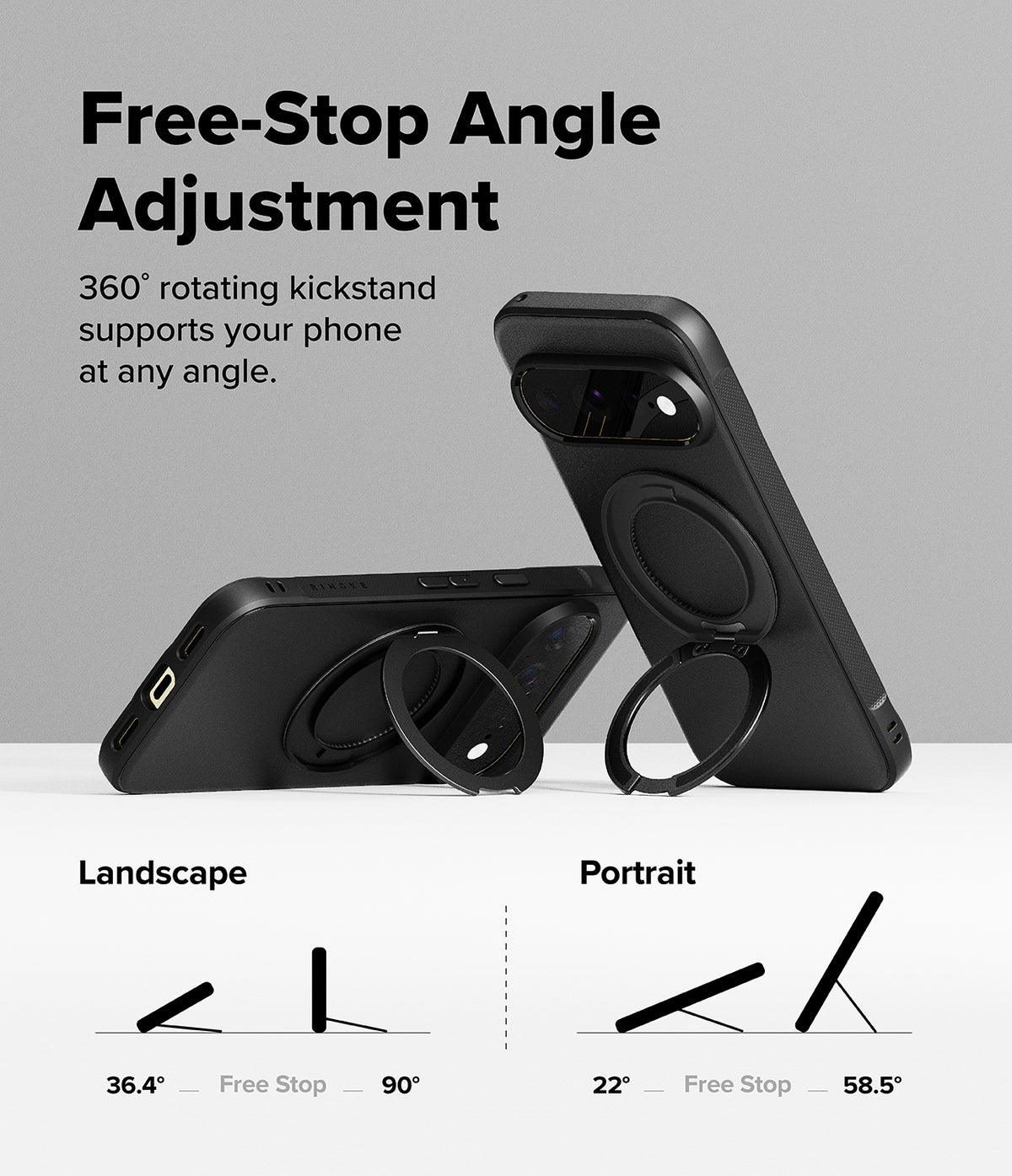 Google Pixel 11 Pro XL Case | Onyx Ring - Black phone case with a built-in kickstand and circular ring grip, shown in two angles on a light gray background with text explaining free-stop angle adjustment for landscape and portrait orientations.