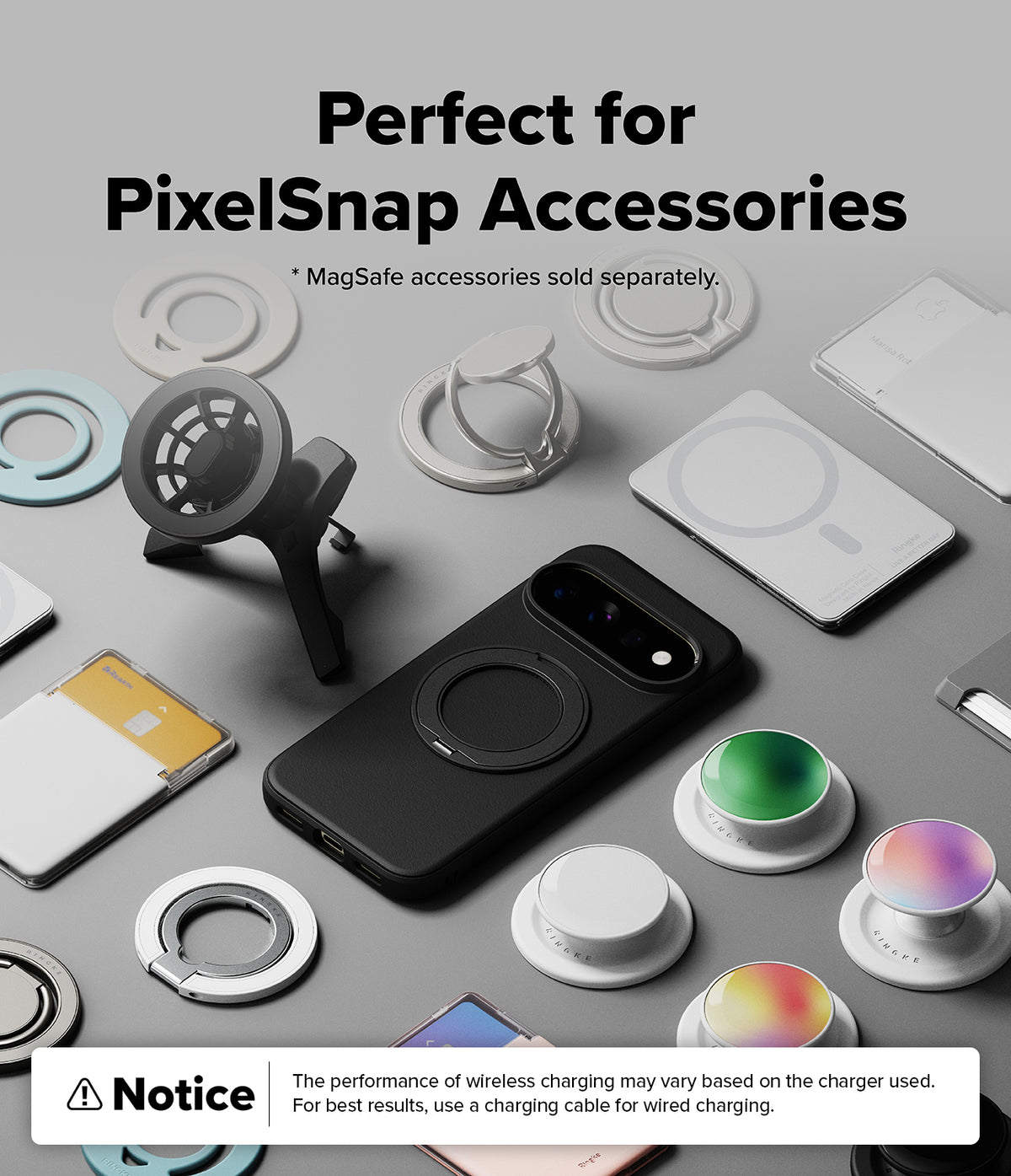 Google Pixel 11 Pro XL Case | Onyx Ring - A promotional layout showing a black PixelSnap-compatible phone case with a circular MagSafe ring, surrounded by white and gray magnetic accessories, a phone stand, and a small cable on a light gray background. Large text reads 'Perfect for PixelSnap Accessories,' with a small note that MagSafe accessories are sold separately and a notice about wireless charging performance.