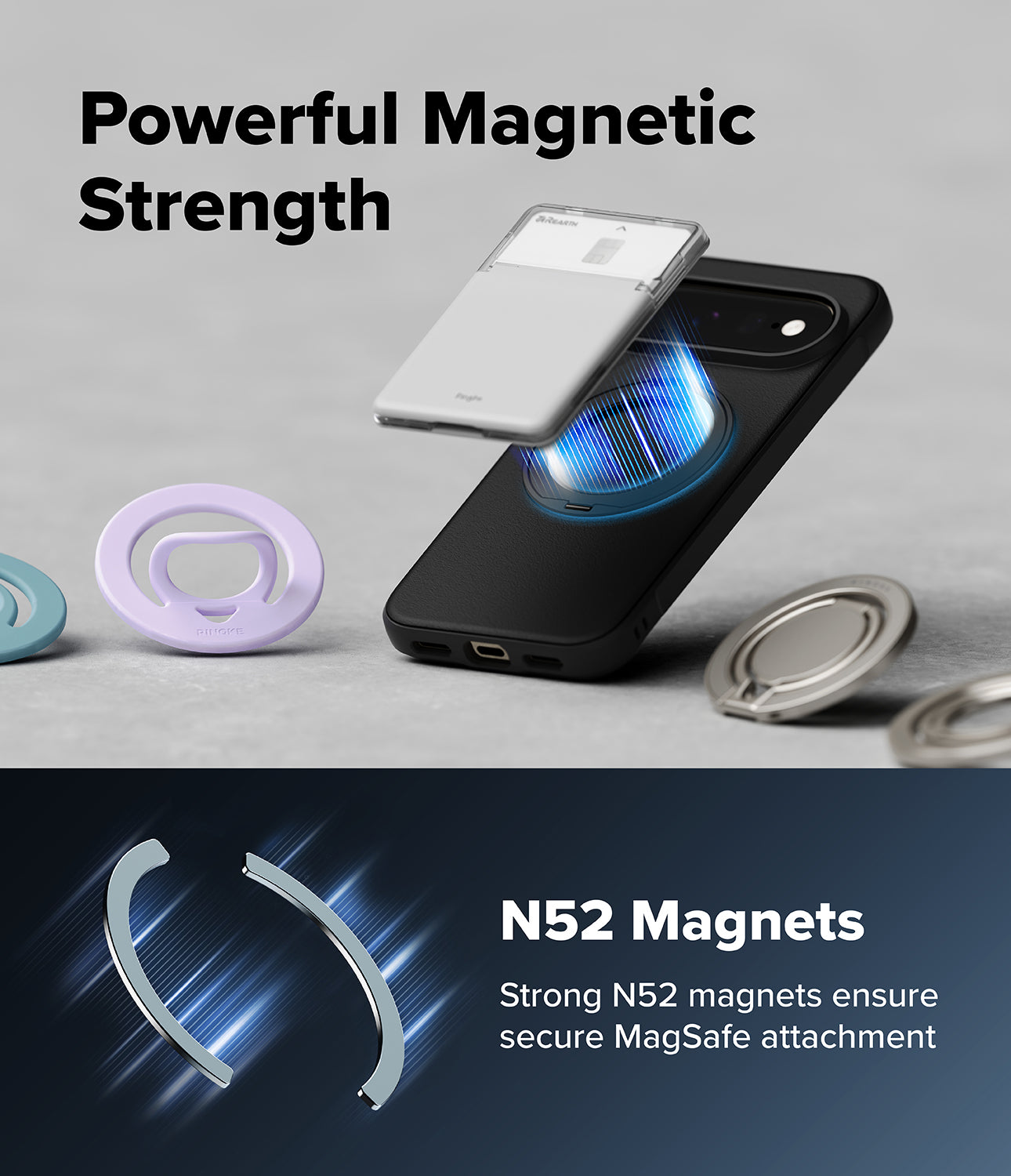 Google Pixel 11 Pro XL Case | Onyx Ring - A black smartphone case with a built-in magnetic card holder and ring stand, shown floating above a gray surface with blue magnetic effect graphics. Large text reads 'Powerful Magnetic Strength' and 'N52 Magnets Strong N52 magnets ensure secure MagSafe attachment.