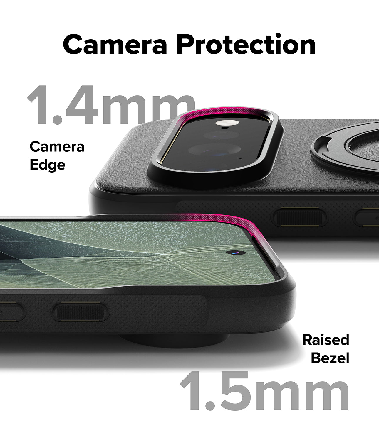 Google Pixel 11 Pro XL Case | Onyx Ring - Black phone camera protection case shown on a smartphone, with text labels indicating 1.4mm camera edge and 1.