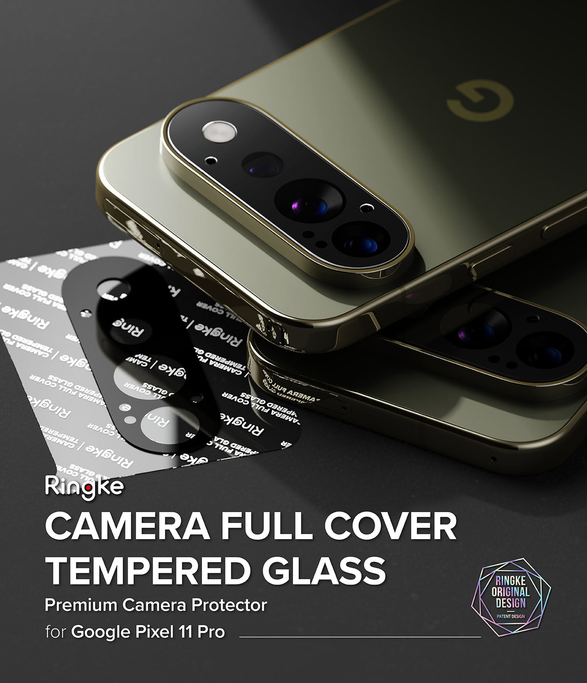 Google Pixel 11 Pro Camera Protector | Camera Full Cover Tempered Glass (2 Pack) - Ringke camera full cover tempered glass protector shown installed on a gold Google Pixel 11 Pro phone, with the black tempered glass protector pieces and printed packaging visible on a dark background.