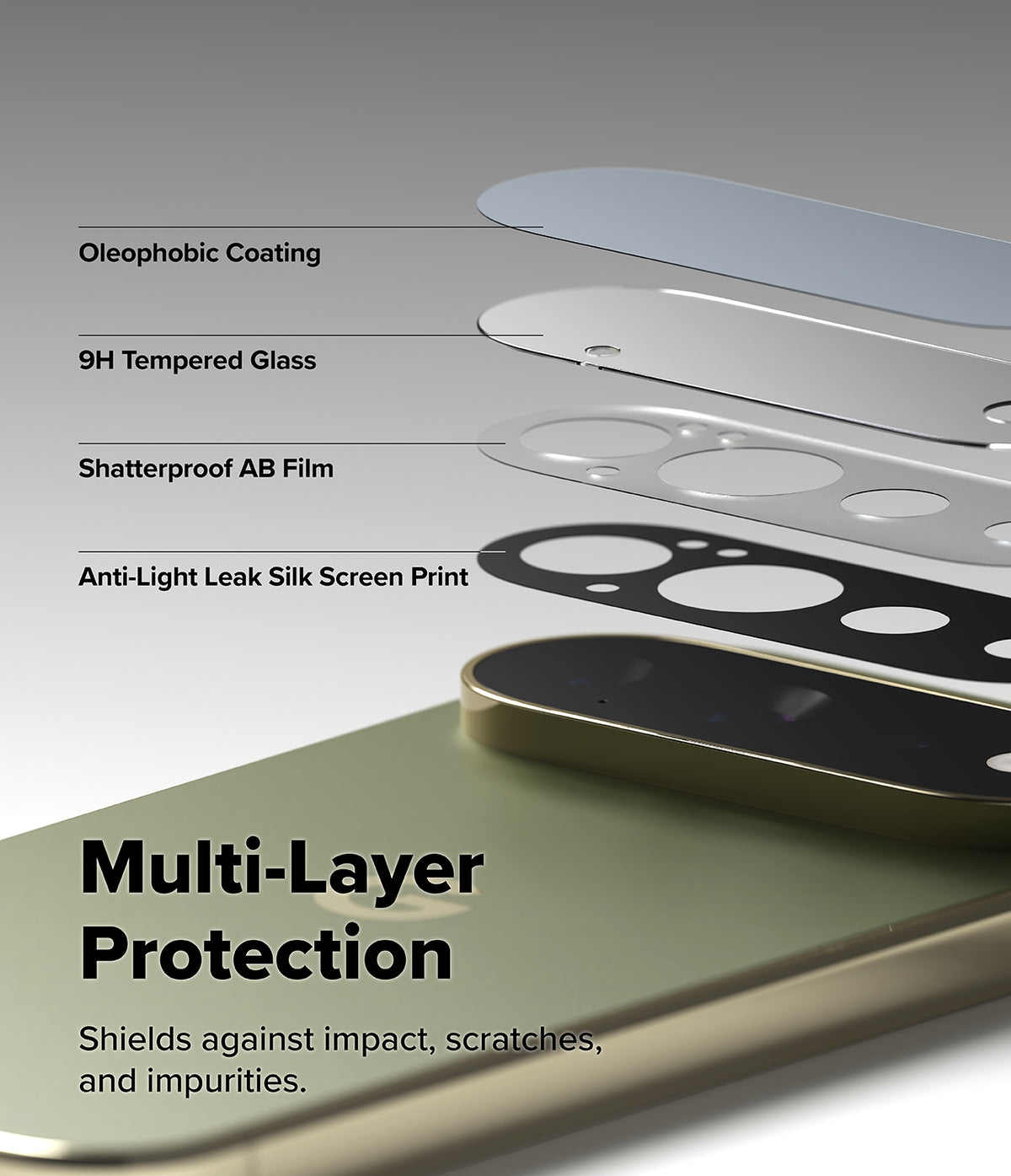 Google Pixel 11 Pro Camera Protector | Camera Full Cover Tempered Glass (2 Pack) - A close-up promotional graphic showing layered smartphone camera lens protectors and text callouts: Oleophobic Coating, 9H Tempered Glass, Shatterproof AB Film, and Anti-Light Leak Silk Screen Print. Large text reads 'Multi-Layer Protection' with a smaller supporting line about shielding against impact, scratches, and impurities.