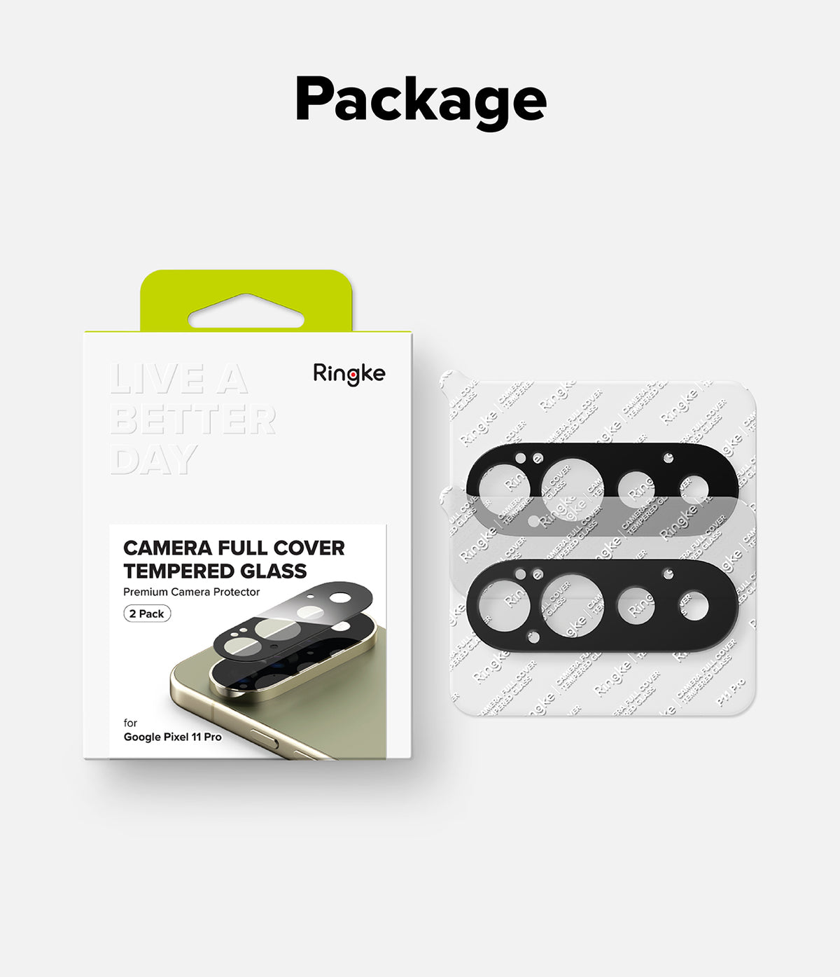 Google Pixel 11 Pro Camera Protector | Camera Full Cover Tempered Glass (2 Pack) - Ringke camera full cover tempered glass 2-pack shown with its retail box on a light gray background under the heading 'Package'. The box is white with a bright lime green tab and black text, and the two black lens protectors are displayed on a clear backing sheet.