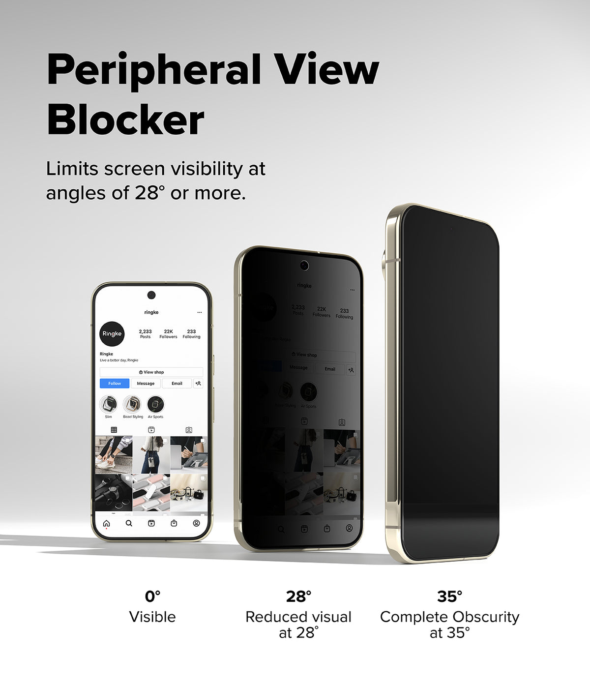 Google Pixel 11 Pro Screen Protector | Easy Slide Privacy Tempered Glass (2 Pack) - Peripheral View Blocker shown on three smartphone mockups from 0°, 28°, and 35° angles, with text explaining that it limits screen visibility at angles of 28° or more.