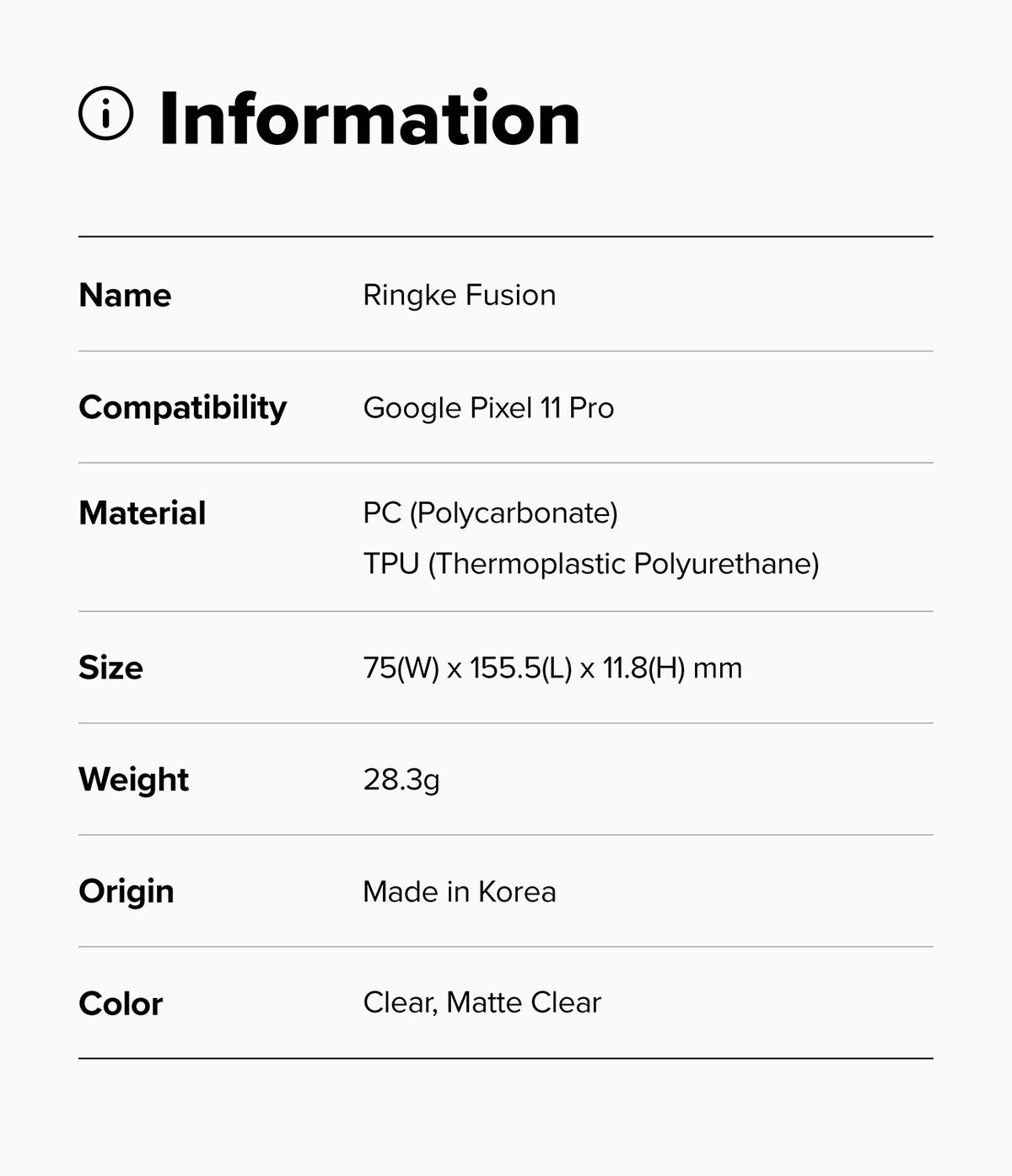 Pixel 11 Pro Case | Fusion - Product information card for Ringke Fusion case with specifications on a white background