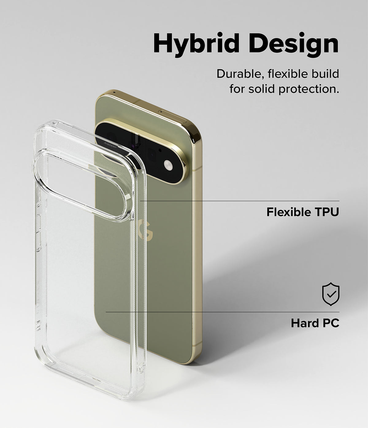 Pixel 11 Pro Case | Fusion - Clear hybrid phone case shown beside a gold smartphone on a light gray background, with text reading 'Hybrid Design,' 'Flexible TPU,' and 'Hard PC' to explain the protective design.