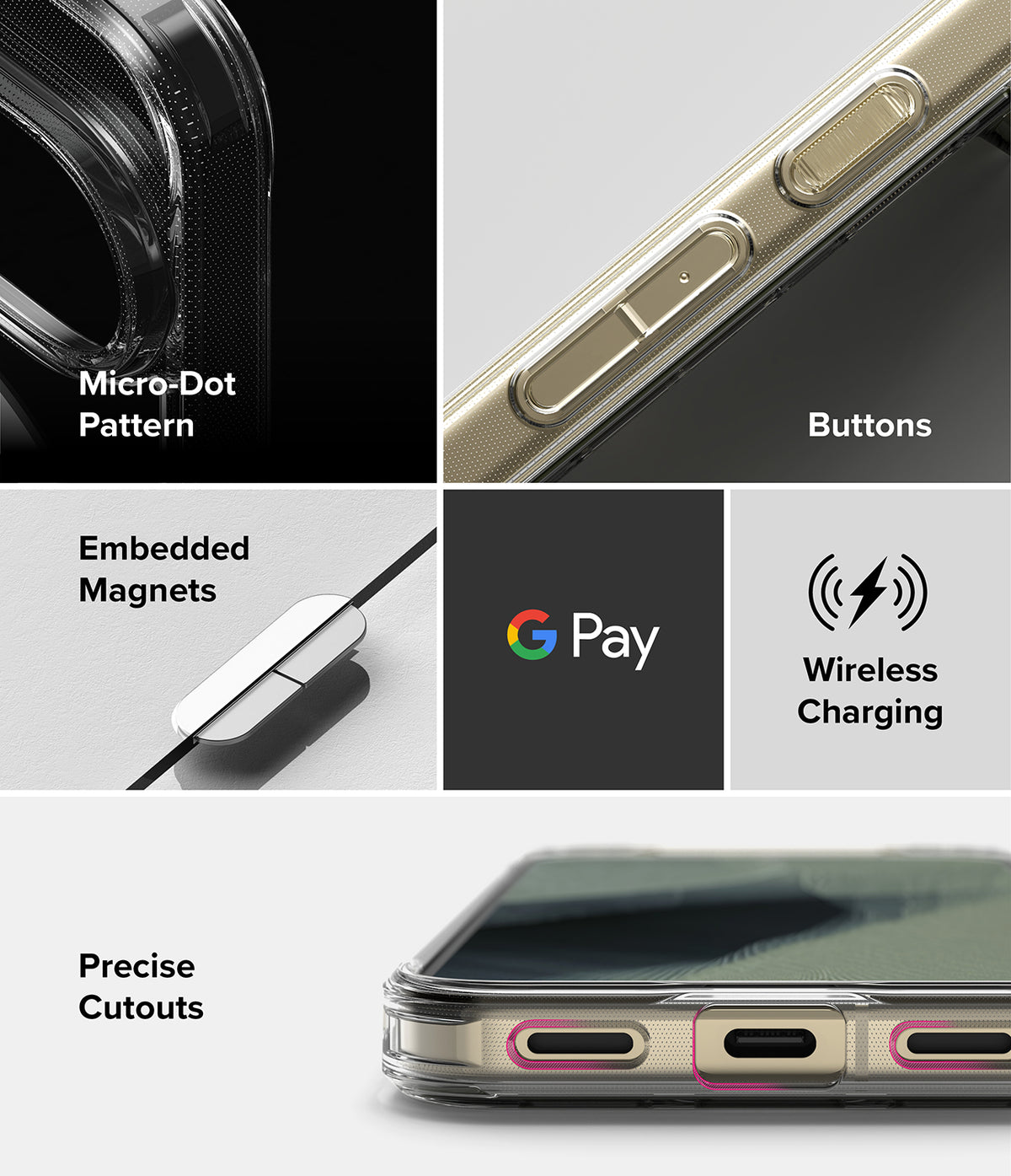 Google Pixel 11 Pro Case | Fusion Magnetic - A 5-panel product feature collage for a clear smartphone case. The panels show close-ups of the case on a phone: a black panel with a Micro-Dot Pattern label, a gold-toned side with Buttons label, a white panel with Embedded Magnets label, a dark gray panel with Google Pay and Wireless Charging label, and a white panel with Precise Cutouts label.