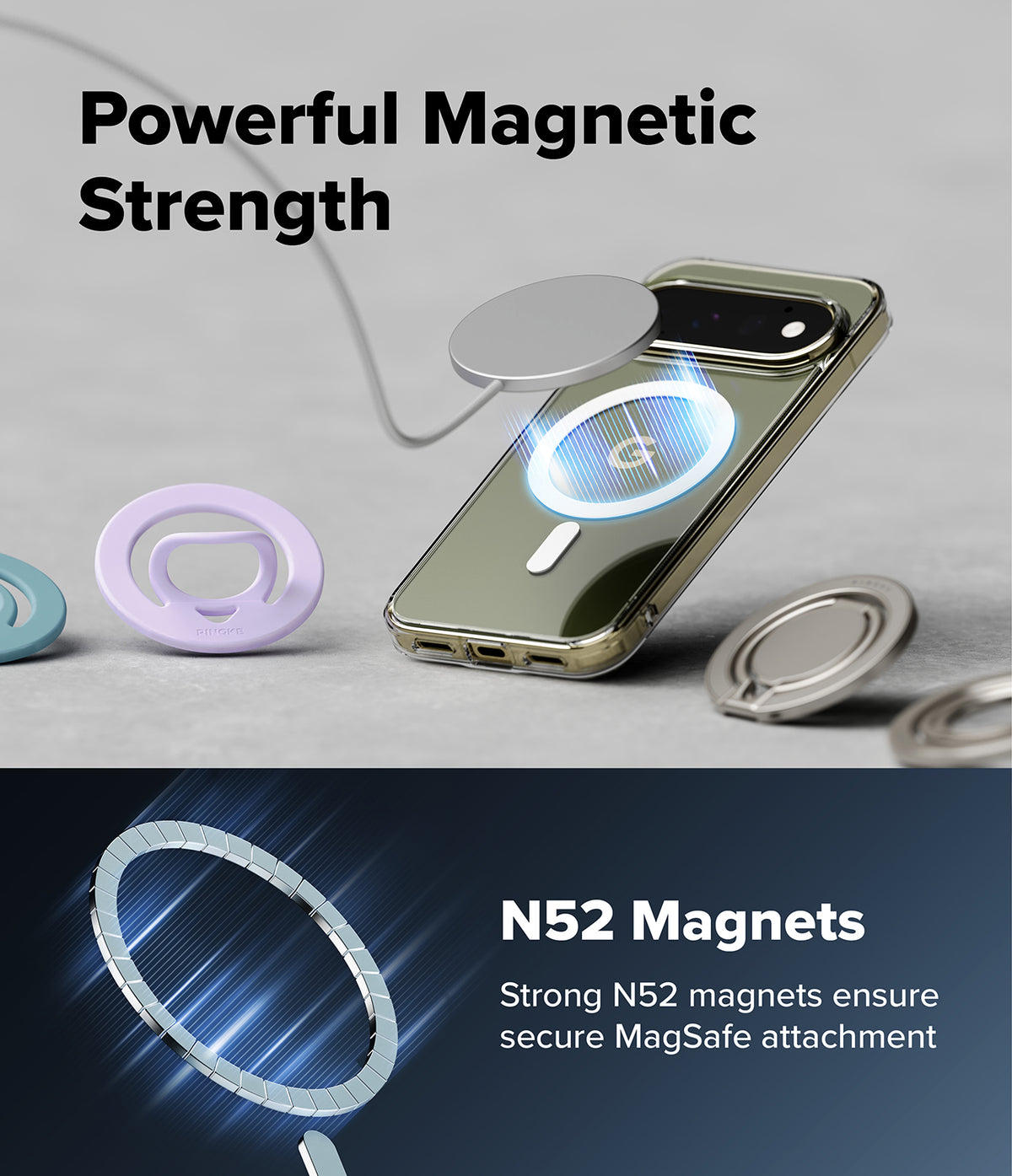 Google Pixel 11 Pro Case | Fusion Magnetic - A smartphone case with built-in magnetic ring accessories, shown on a light gray surface with the phone inserted. The image includes marketing text reading 'Powerful Magnetic Strength' and 'N52 Magnets' with a blue glowing magnetic graphic.