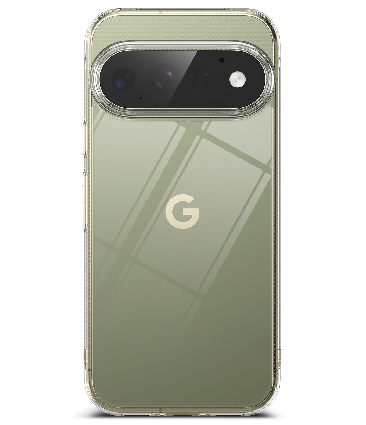 Google Pixel 11 Pro Case | Fusion - A clear protective phone case fitted on a Google Pixel smartphone, showing the phone's olive green back panel and a gold Google 'G' logo. The case itself is transparent, visible around the edges and camera cutout.