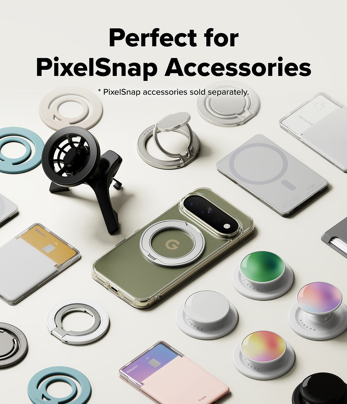 Google Pixel 11 Pro Case | Fusion Ring - A promotional flat lay showing a smartphone surrounded by various PixelSnap accessories, including ring stands, pop sockets, and mounting pieces, with text reading 'Perfect for PixelSnap Accessories' at the top.