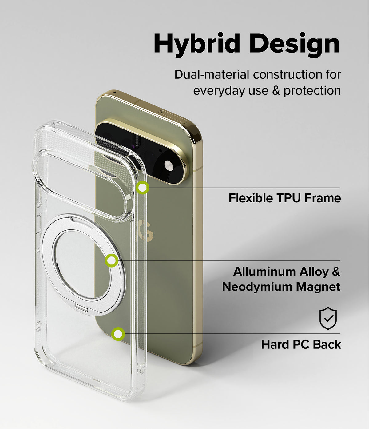 Google Pixel 11 Pro Case | Fusion Ring - A clear hybrid phone case with a metallic gold phone inserted, shown on a light gray background with text labels describing its features: flexible TPU frame, aluminum alloy and neodymium magnet, and hard PC back.