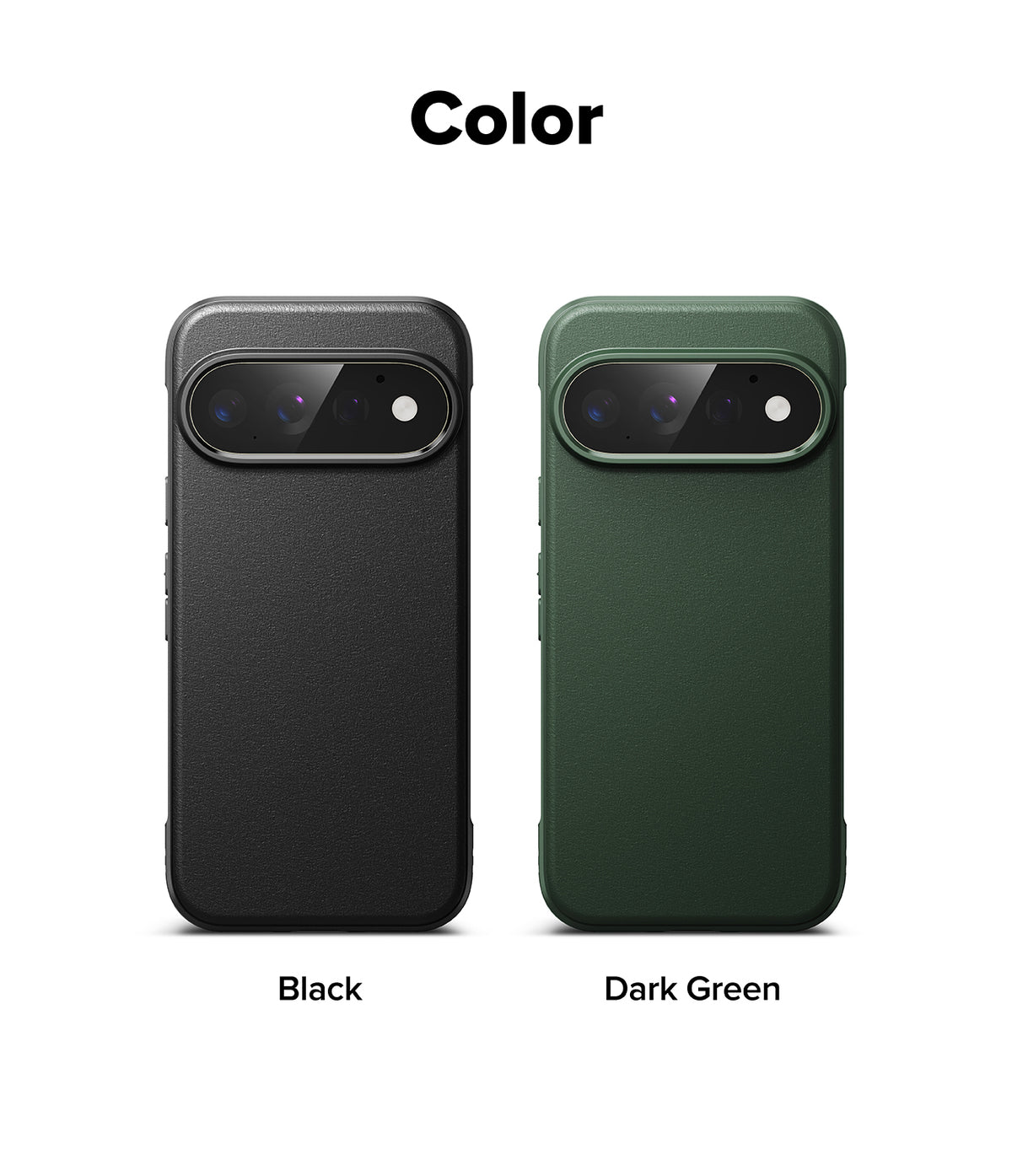 Pixel 11 Pro Case | Onyx - Color options for a phone case shown on a white background, with the heading 'Color' at the top. On the left is a black case labeled 'Black' and on the right is a dark green case labeled 'Dark Green'.