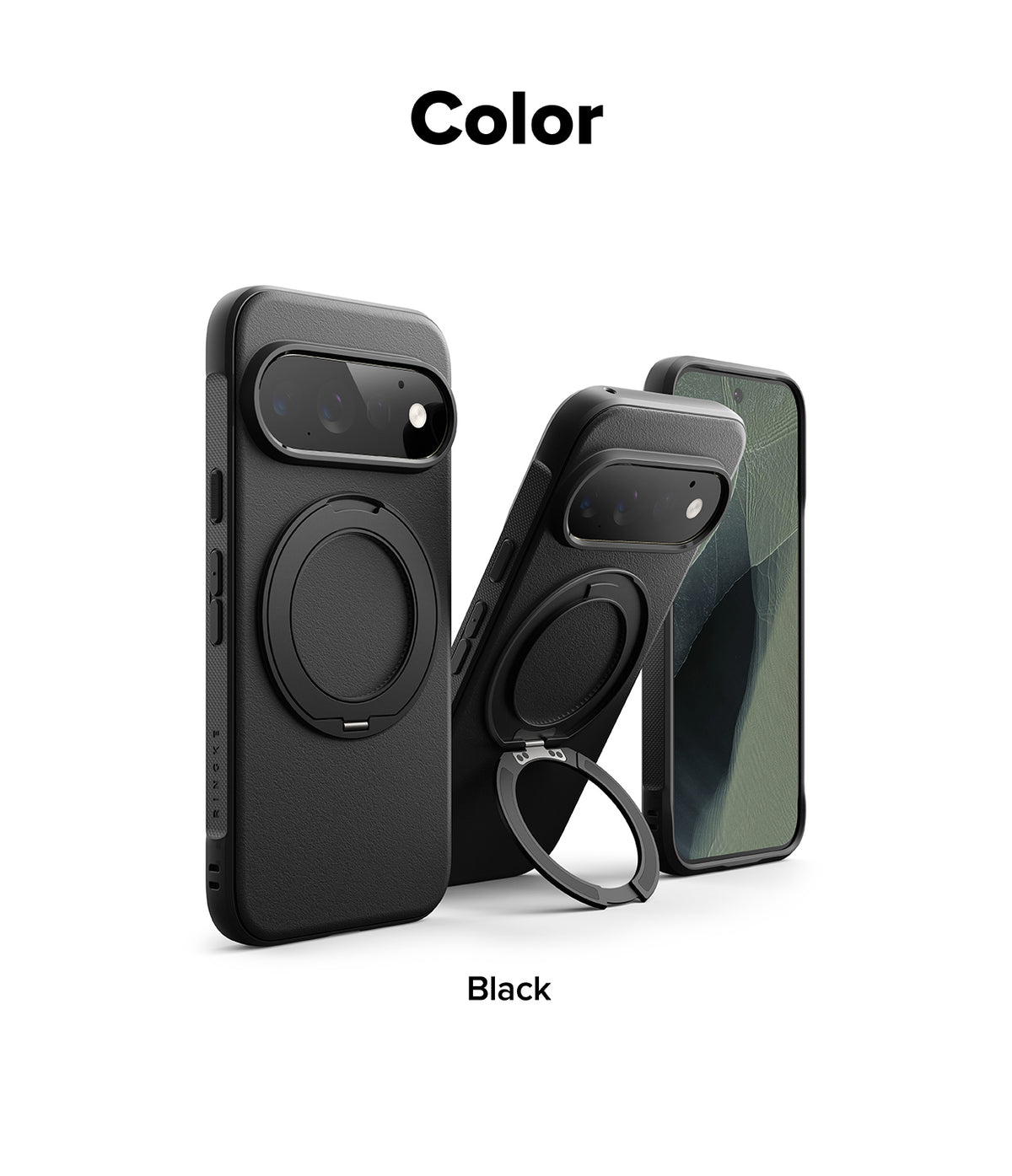 Google Pixel 11 Pro Case | Onyx Ring - Three views of a black phone case with a circular MagSafe ring and built-in kickstand, shown on a white background with the text 'Color' at the top and 'Black' at the bottom.