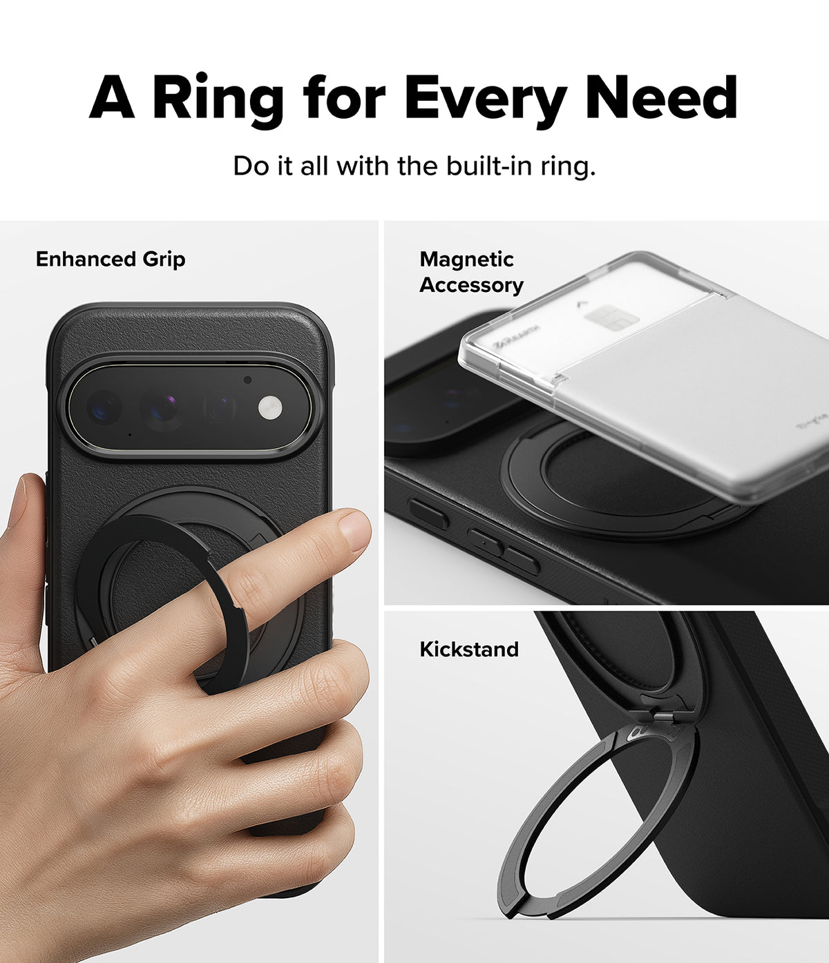 Google Pixel 11 Pro Case | Onyx Ring - A black phone case with an integrated magnetic ring accessory, shown in a three-panel marketing layout. The top-left panel shows a hand holding the case, labeled 'Enhanced Grip.