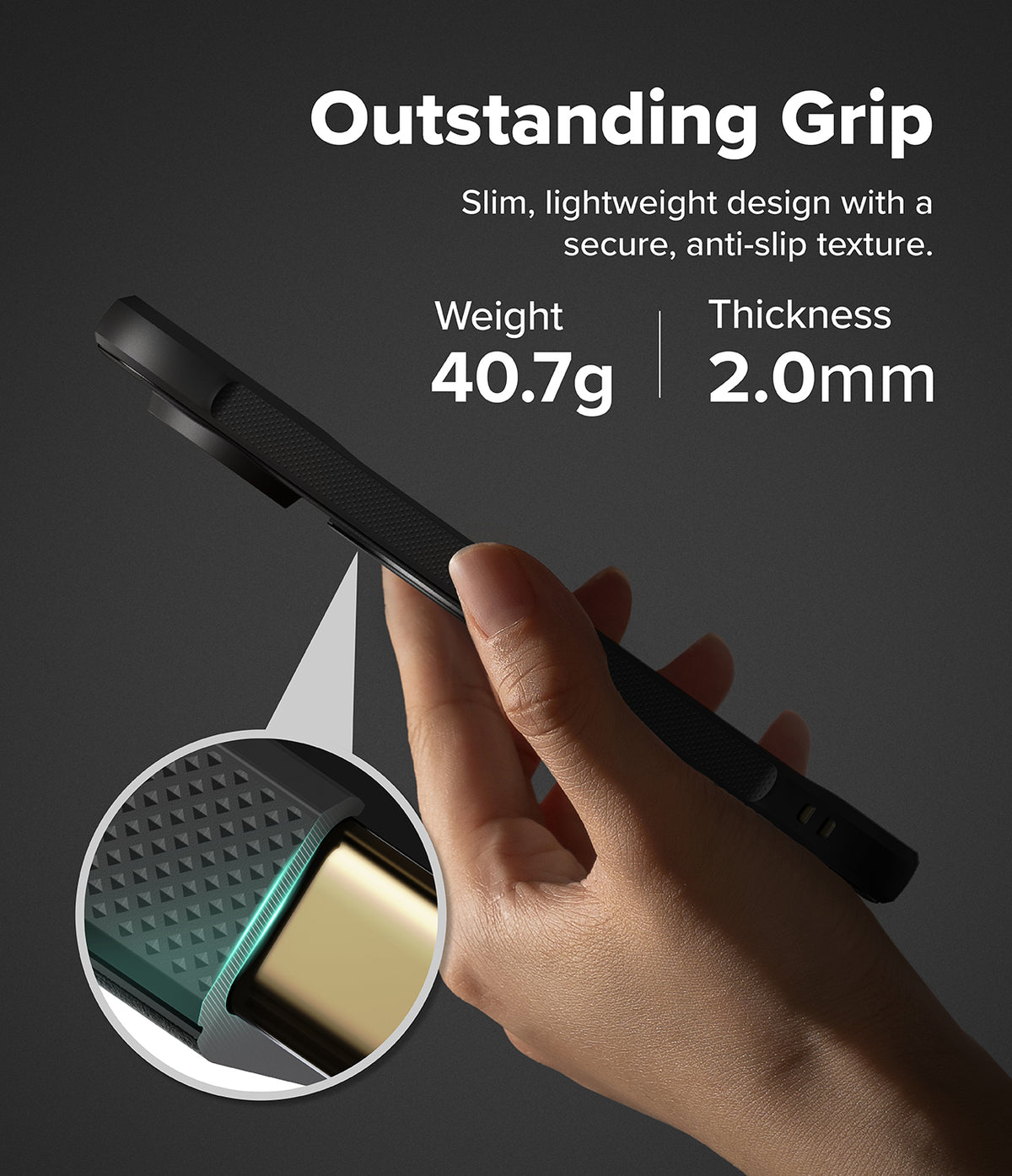 Google Pixel 11 Pro Case | Onyx Ring - A hand holding a slim black smartphone case against a dark gray background, with marketing text reading 'Outstanding Grip' and product specs including weight 34.2g and thickness 2.