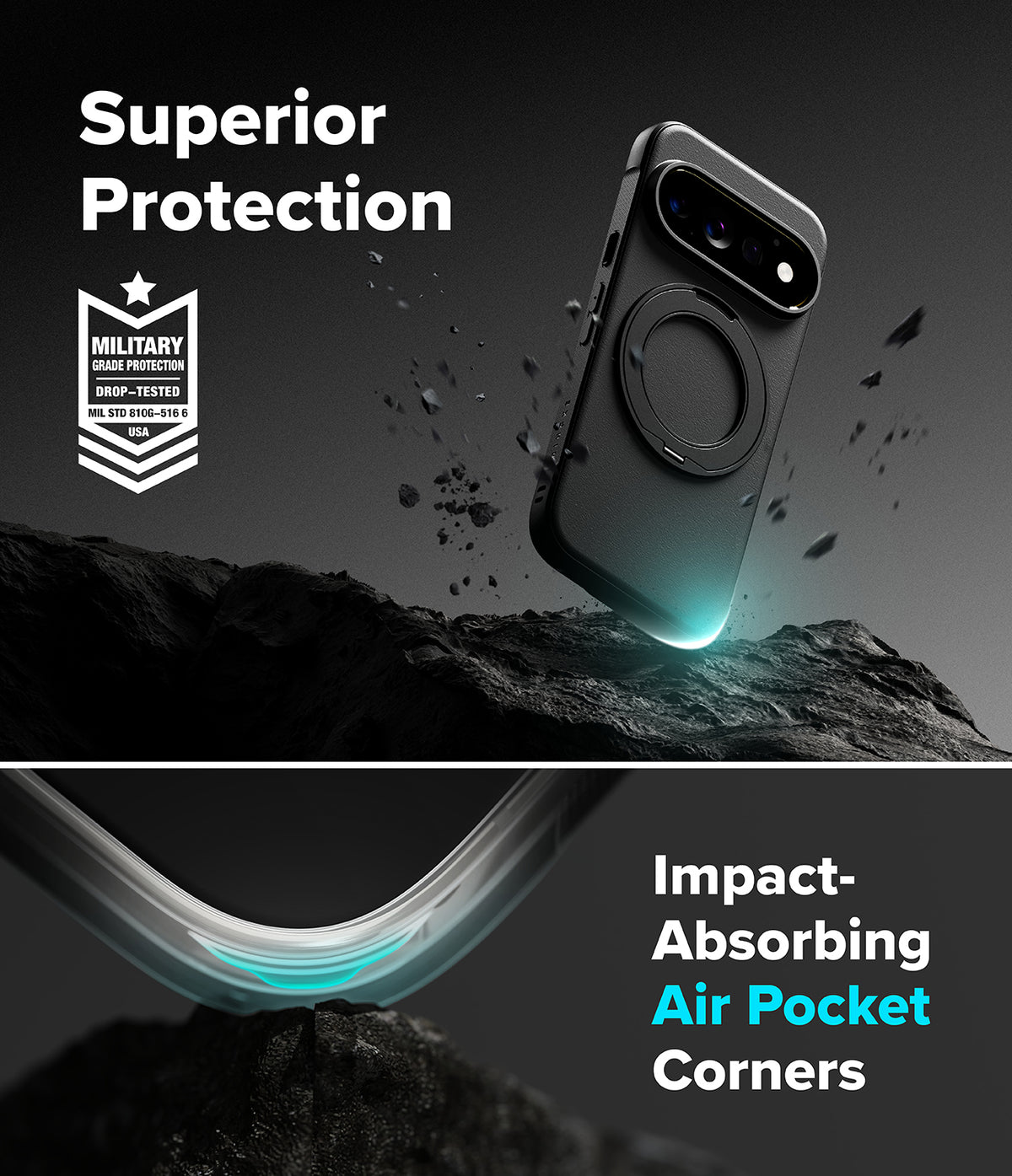 Google Pixel 11 Pro Case | Onyx Ring - A dark gray phone case with a circular magnetic ring and camera cutout, shown floating above a rocky surface with debris. Text reads 'Superior Protection' and 'Impact-Absorbing Air Pocket Corners,' with a military drop-test badge on the left.