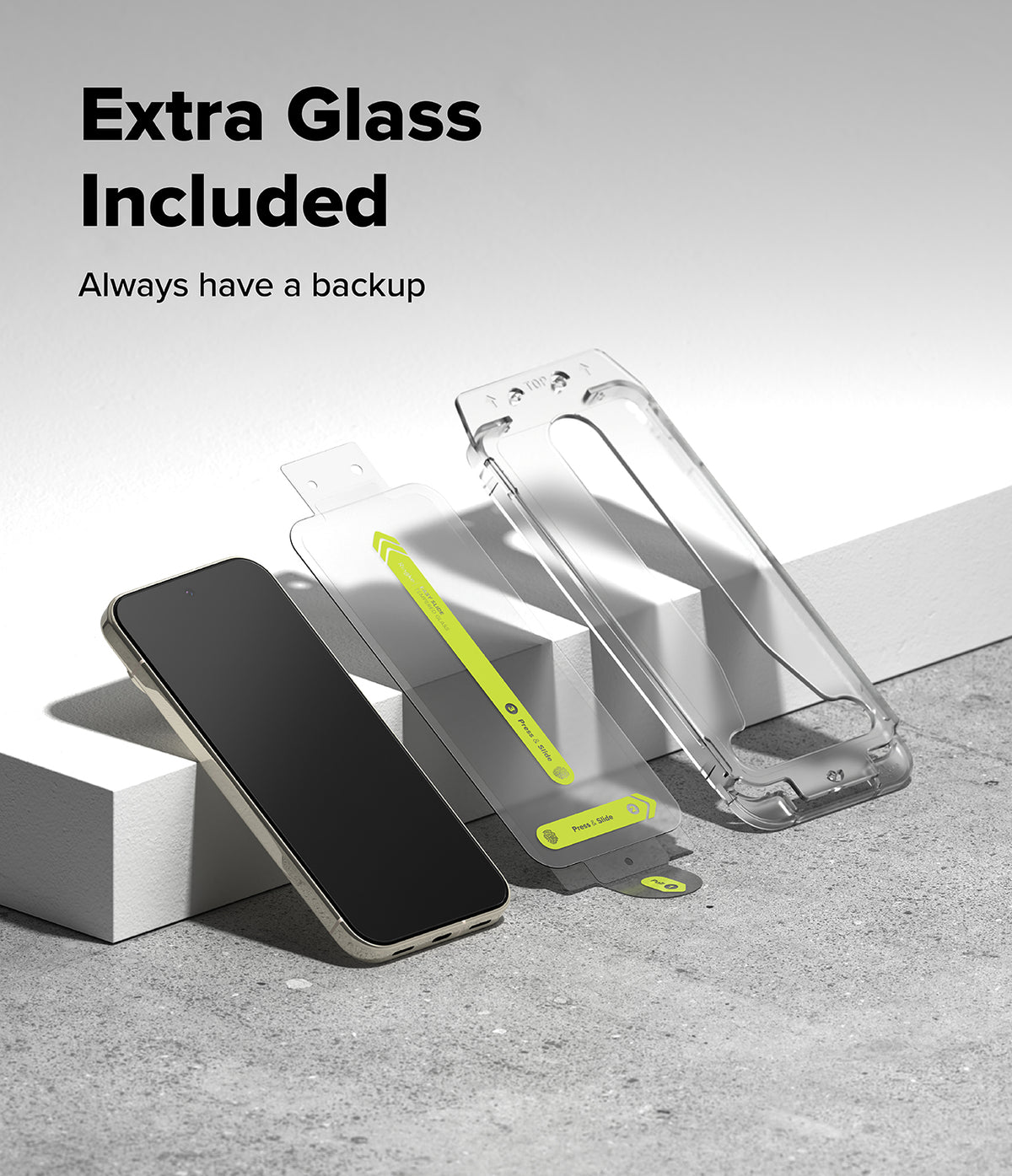Google Pixel 11 Pro / 11 Screen Protector | Easy Slide Tempered Glass (2 Pack) - A clear phone case and two extra glass screen protectors are displayed on white blocks next to a black smartphone, with the text 'Extra Glass Included' and 'Always have a backup' in the upper left.