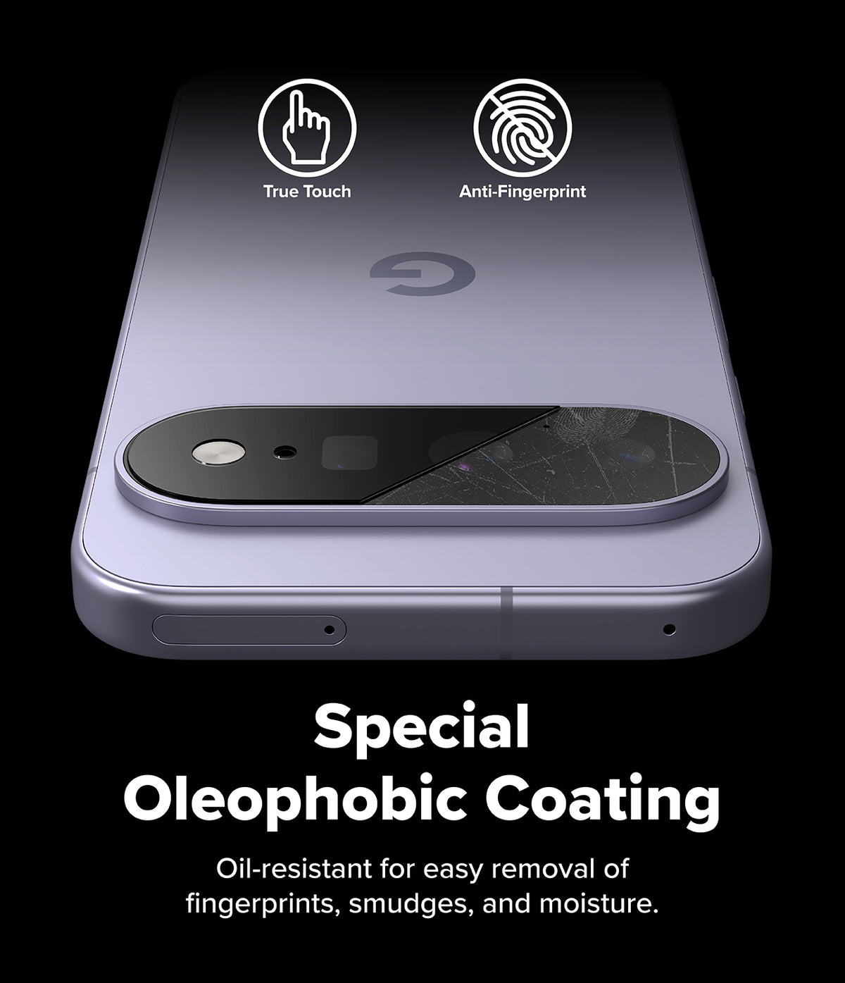 Google Pixel 11 Camera Protector | Camera Full Cover Tempered Glass (2 Pack) - A close-up of the back of a smartphone with a large camera cutout, shown on a black background with marketing text and icons for true touch and anti-fingerprint oleophobic coating.
