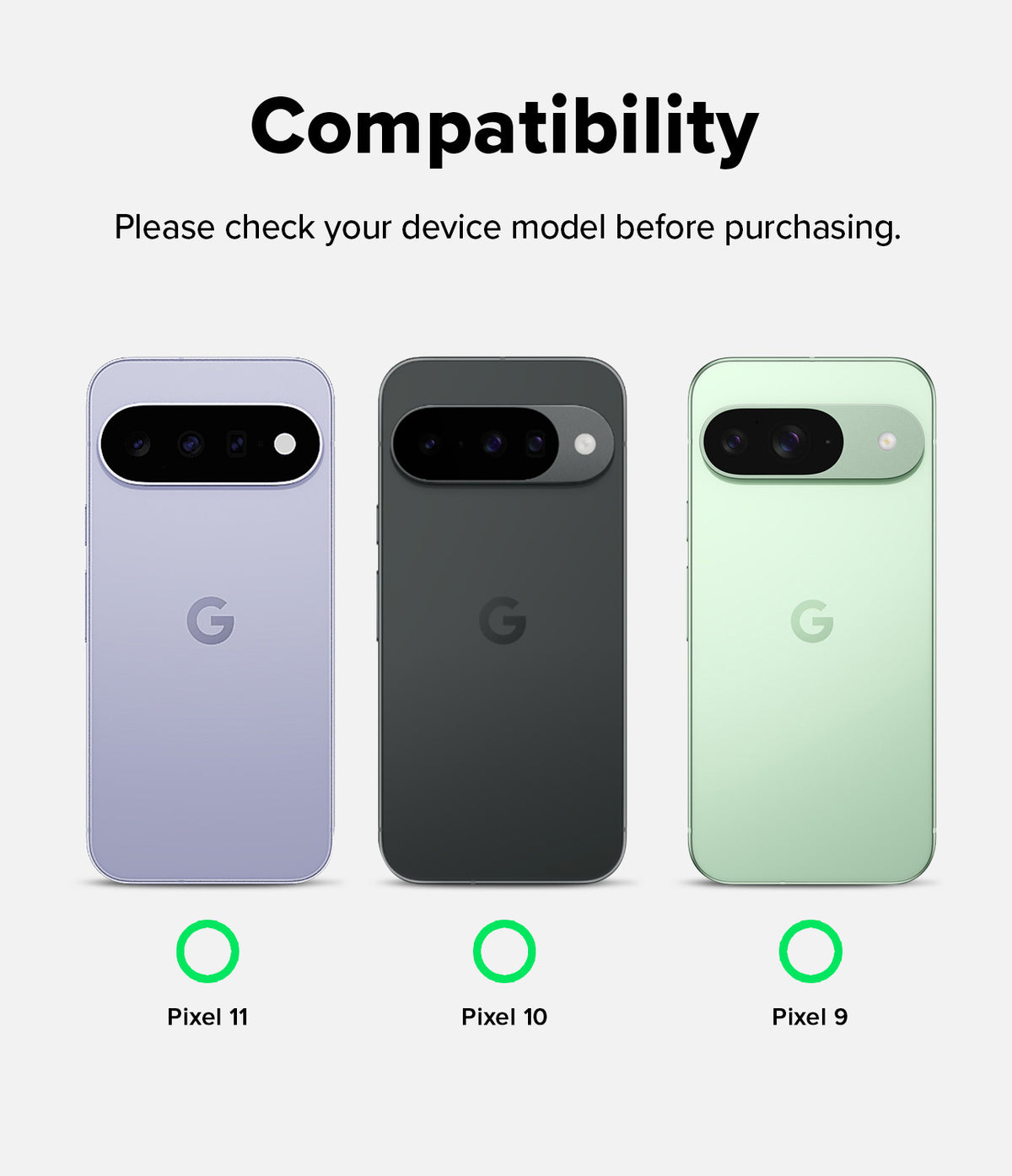 Google Pixel 11 Screen Protector | Easy Slide Privacy Tempered Glass (2 Pack) - Promotional graphic for a Google Pixel 11 smartphone showing the back and front views of a light lavender phone on a light gray background, with text stating 'Designed for Google Pixel 11' and a green ring icon below.