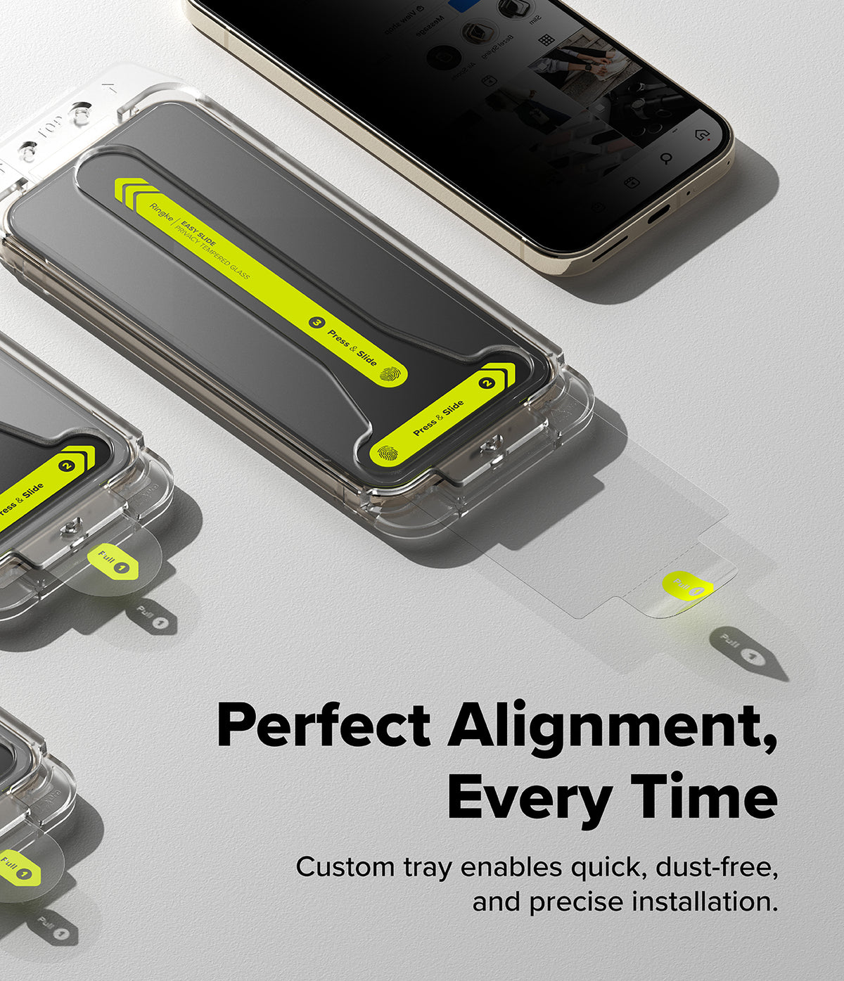 Google Pixel 11 Screen Protector | Easy Slide Privacy Tempered Glass (2 Pack) - Clear protective phone case with bright yellow alignment guides and a matching screen protector, shown installed on a smartphone with additional case views and installation text on a light gray background.