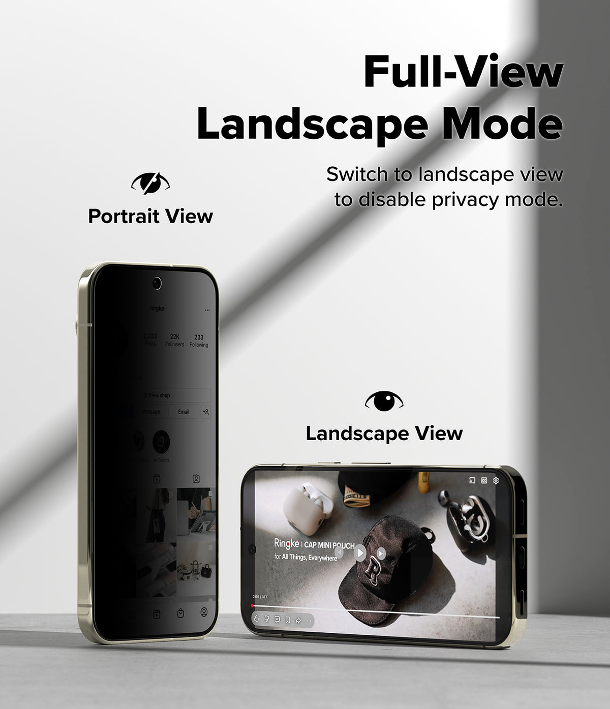 Google Pixel 11 Screen Protector | Easy Slide Privacy Tempered Glass (2 Pack) - A promotional graphic showing two smartphones on a light gray surface with text labels for Portrait View and Landscape View, plus the headline 'Full-View Landscape Mode' and the note 'Switch to landscape view to disable privacy mode.' The right phone is shown in landscape orientation with a video playing on its screen.
