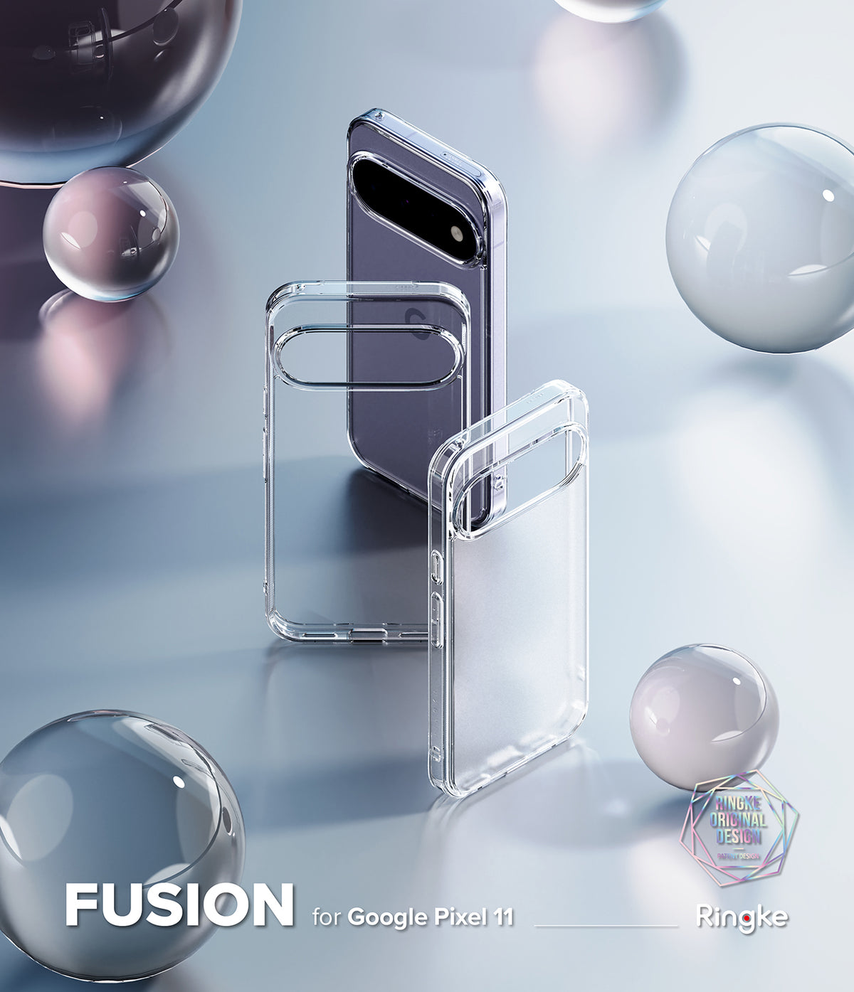 Google Pixel 11 Case | Fusion - Clear protective phone case set shown on a smartphone, with two transparent cases standing upright and a phone partially inserted in the back case. The image includes floating glass spheres and text reading 'FUSION for Google Pixel 11' and 'Ringke'.