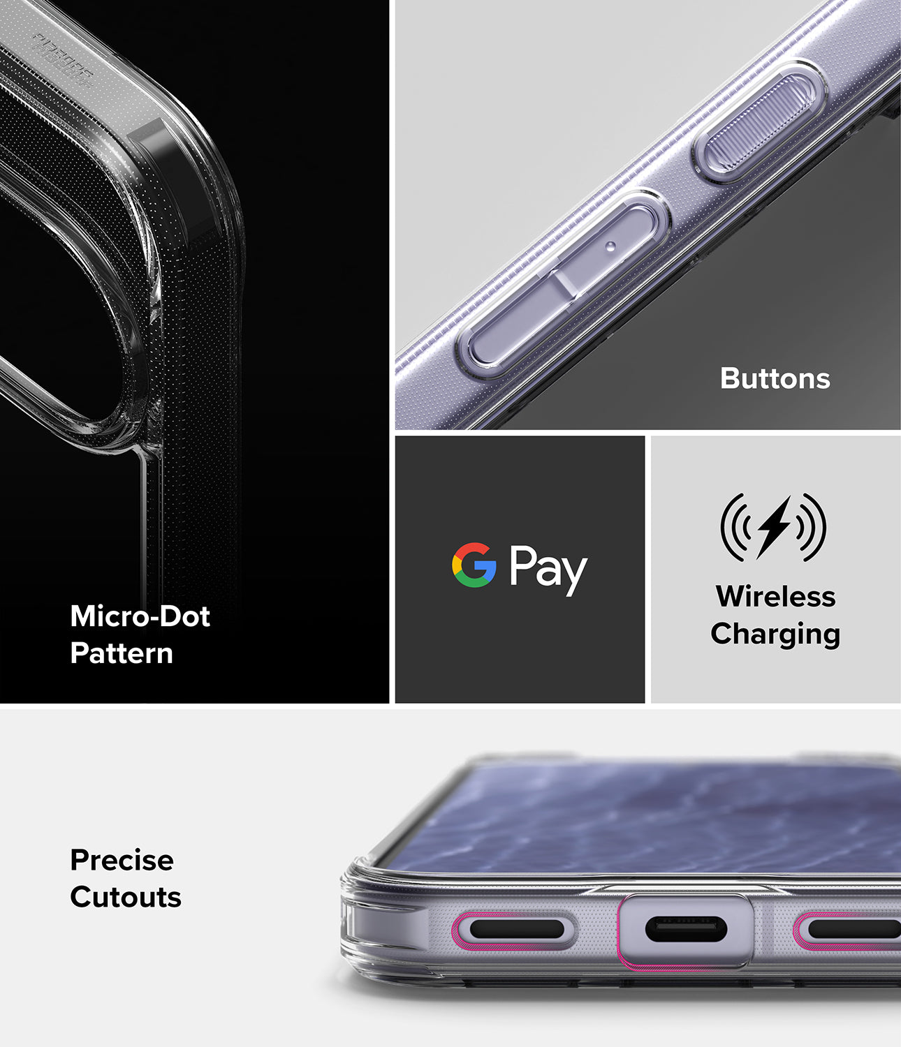 Google Pixel 11 Case | Fusion - A clear protective phone case shown in a multi-panel feature graphic. The collage includes close-ups of the case corner with a black background, the side buttons, a Google Pay logo, wireless charging symbol, and precise cutouts near the bottom.