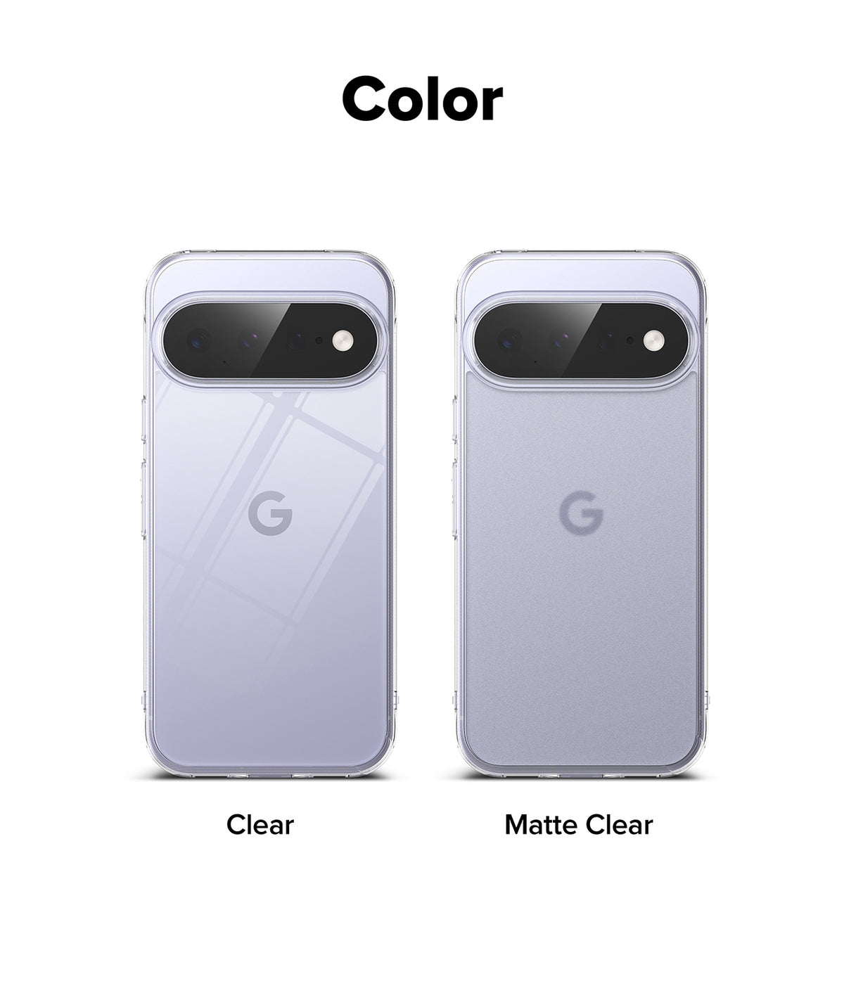 Google Pixel 11 Case | Fusion - A color comparison graphic showing two views of a phone case on a white background, labeled 'Color' at the top. The left case is labeled 'Clear' and appears transparent with a light phone showing through; the right case is labeled 'Matte Clear' and appears frosted/translucent with a soft lavender tint.