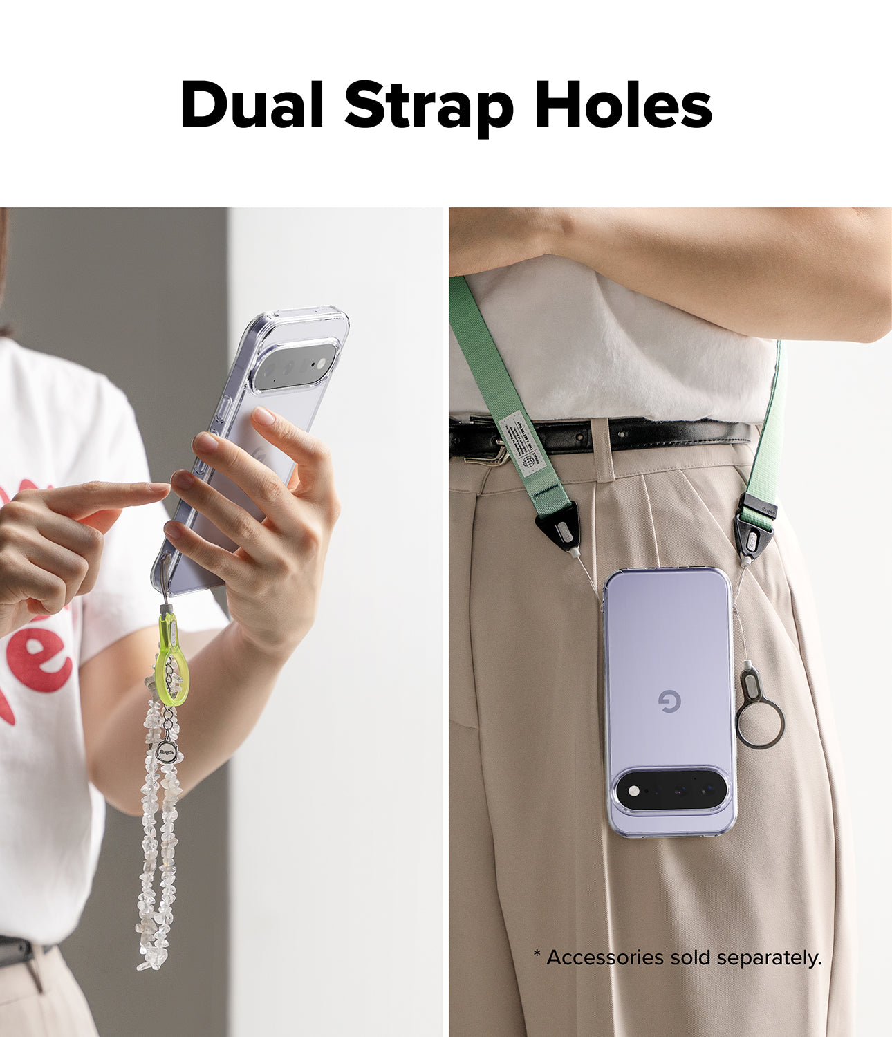 Google Pixel 11 Case | Fusion - Phone case with dual strap holes shown on a person holding a phone and wearing a lanyard.