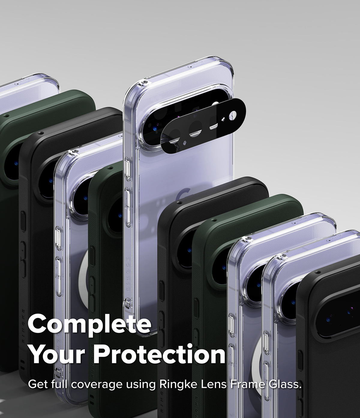 Google Pixel 11 Case | Fusion Matte - A promotional product shot showing several smartphone cases in different colors arranged in a fan-like layout. One clear case has a black camera lens protector overlay, and large text at the bottom reads 'Complete Your Protection' with smaller text about Ringke Lens Frame Glass.