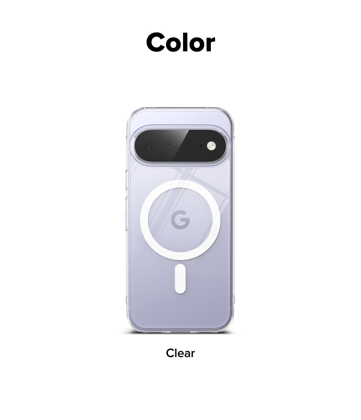 Google Pixel 11 Case | Fusion Magnetic - A clear phone case shown on a light lavender phone, with the word 'Color' at the top and 'Clear' at the bottom, indicating a transparent case option.