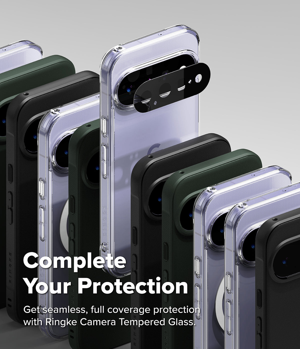 Google Pixel 11 Case | Fusion Ring - A promotional render showing multiple smartphone cases in different colors arranged in a fan-like layout, with one clear case highlighted and a black camera guard piece shown in front. Large text reads 'Complete Your Protection' and smaller text says 'Get seamless, full coverage protection with Ringke Camera Tempered Glass.