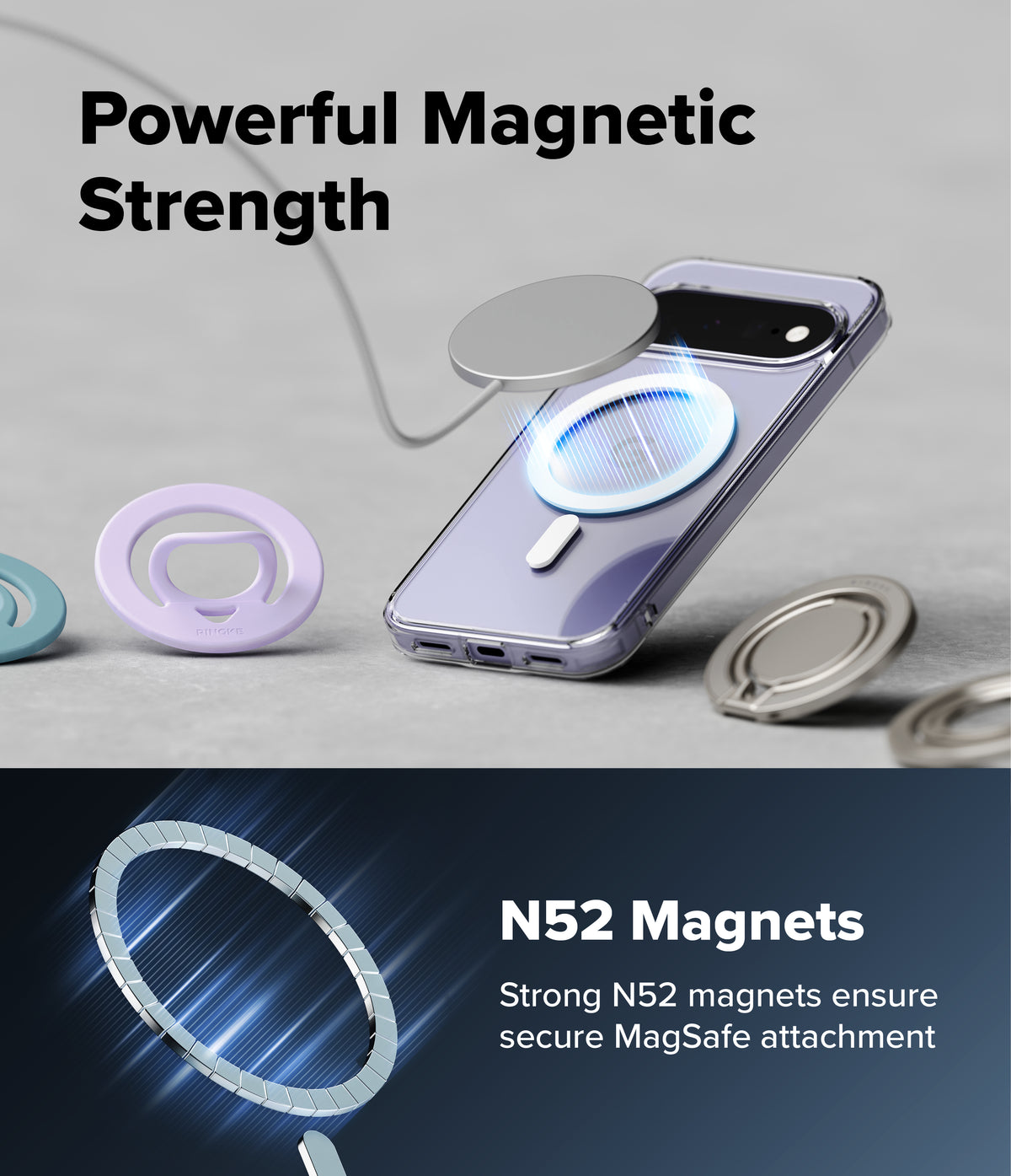 Google Pixel 11 Case | Fusion Magnetic - A smartphone case with built-in MagSafe-style magnetic rings, shown with several circular magnets around it on a light gray surface. Large text reads 'Powerful Magnetic Strength' and 'N52 Magnets Strong N52 magnets ensure secure MagSafe attachment.