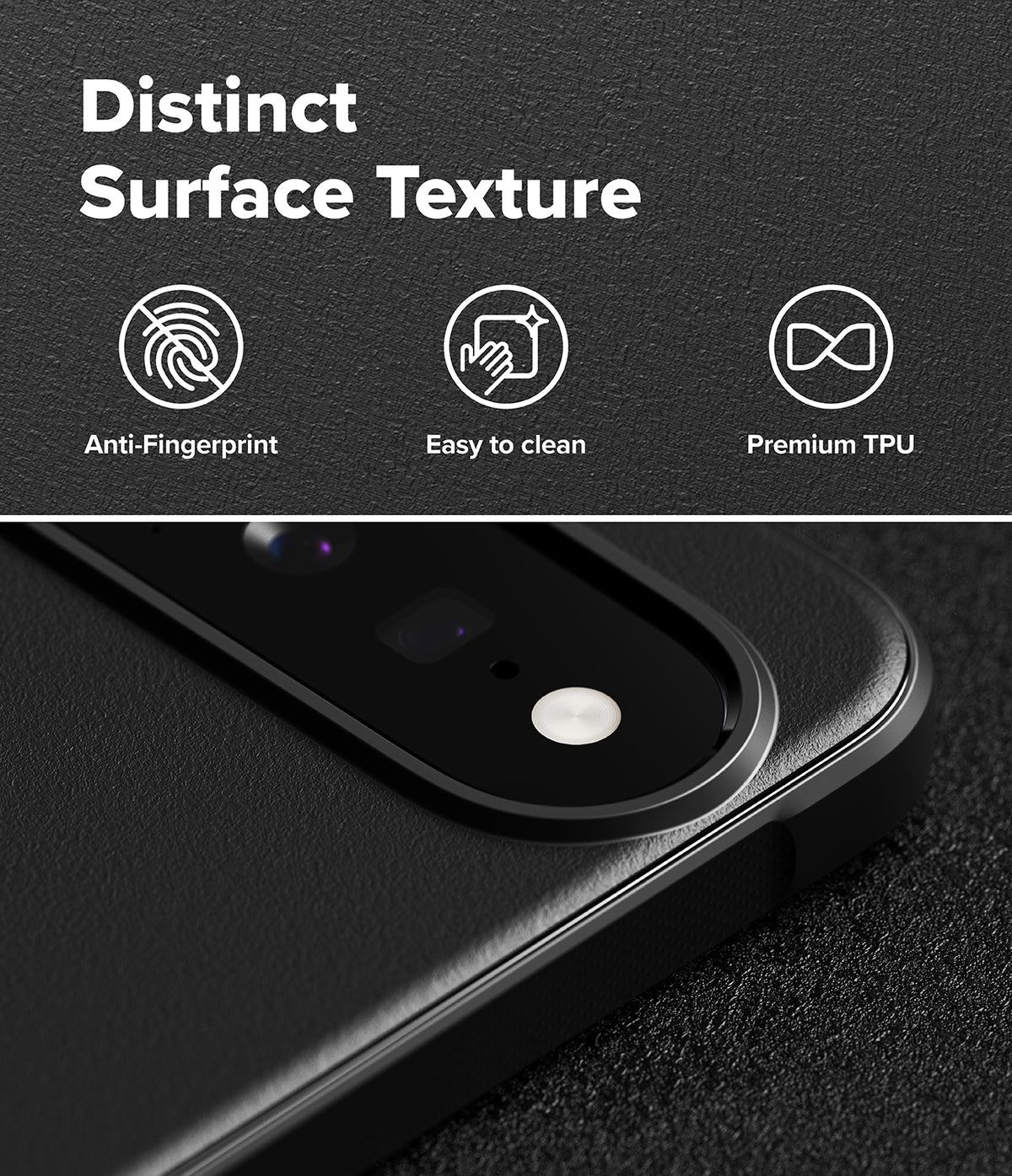 Google Pixel 11 Case | Onyx - Close-up of a black phone case with a raised camera bezel and a circular cutout, shown on a dark textured background with marketing text reading 'Distinct Surface Texture,' 'Anti-Fingerprint,' 'Easy to clean,' and 'Premium TPU.'.