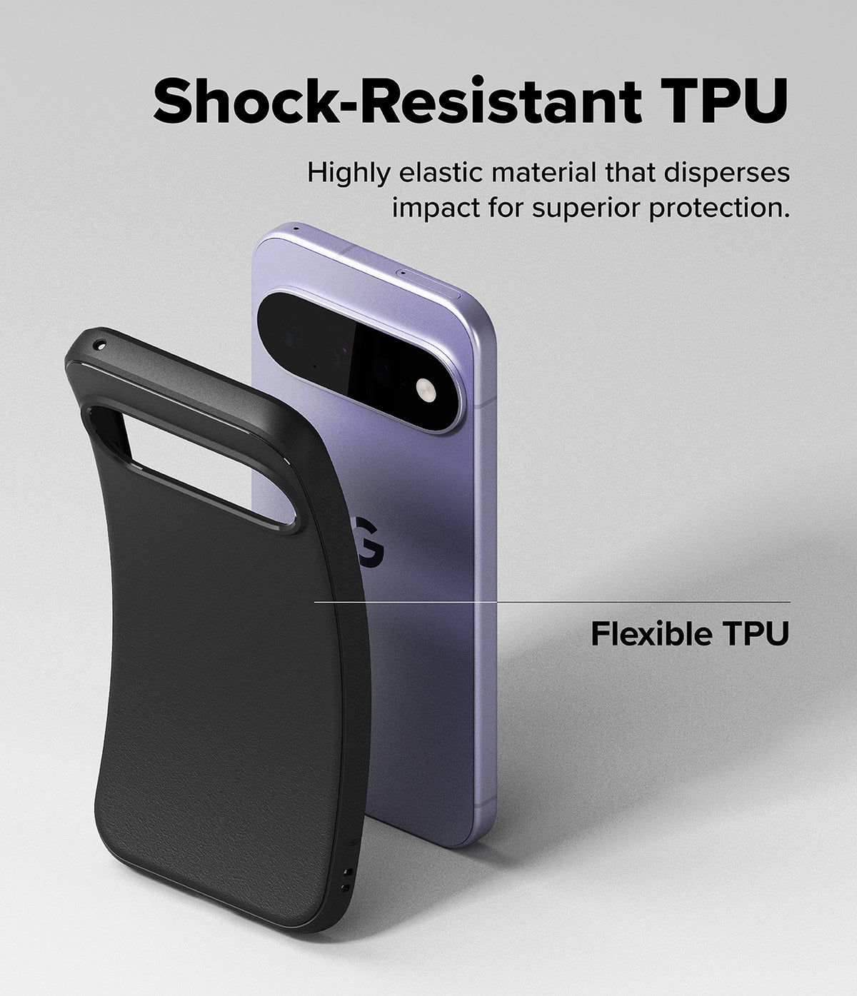 Google Pixel 11 Case | Onyx - Two phone cases shown on a light gray studio background with marketing text: a black case labeled 'Shock-Resistant TPU' in front and a lavender phone inside a case labeled 'Flexible TPU' behind it. No person, animal, or real environment is present, so this is Product/Packaging rather than Lifestyle.