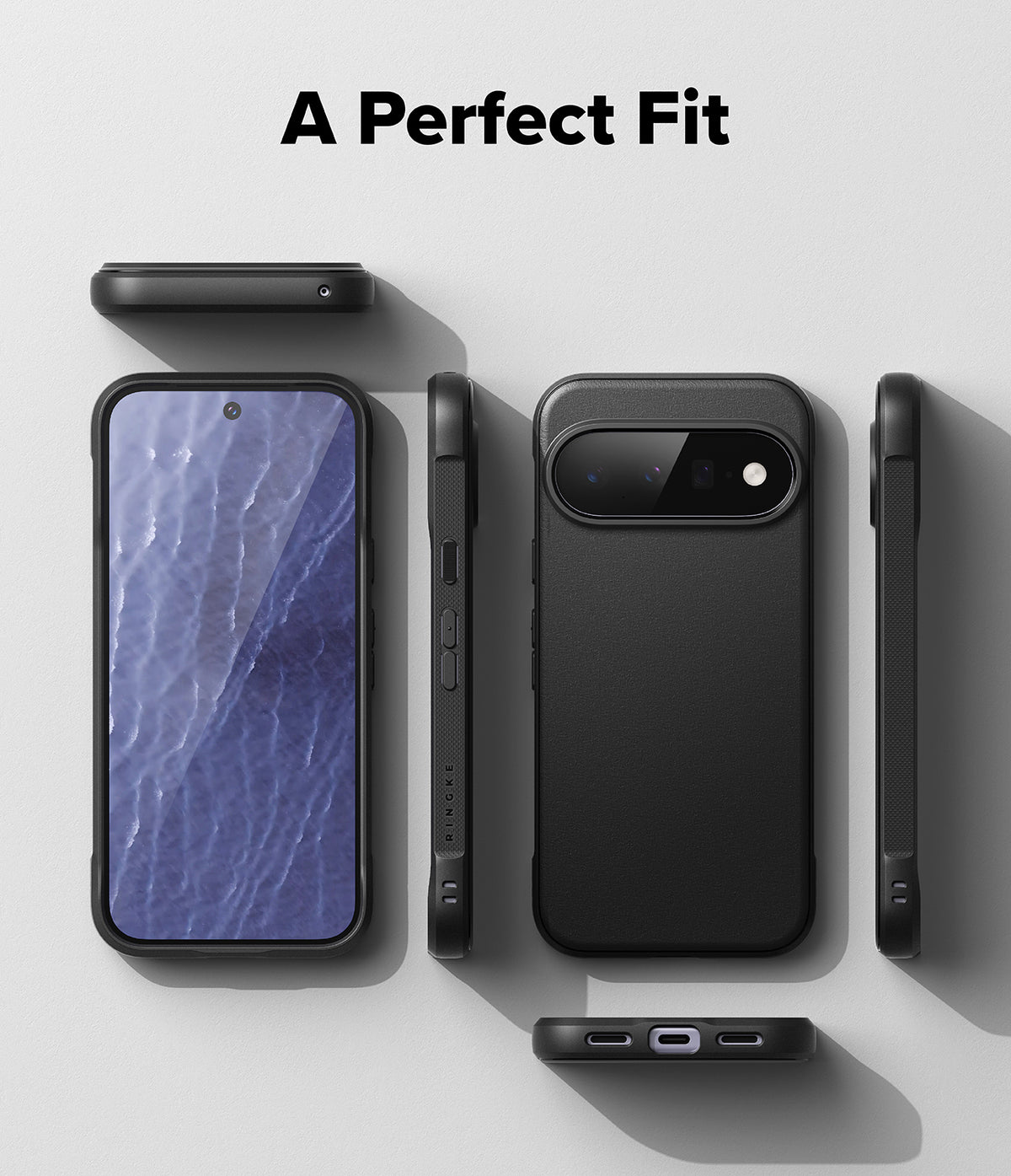 Google Pixel 11 Case | Onyx - A black protective smartphone case shown from multiple angles on a light gray background, with the text 'A Perfect Fit' at the top. The views include the back with a large camera cutout, side profile, front with a phone inserted, and a bottom view showing a charging port.