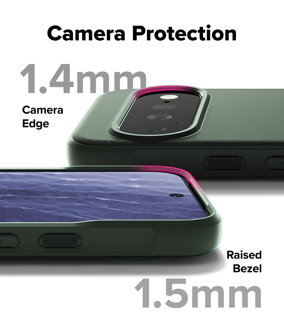 Google Pixel 11 Case | Onyx - Dark green phone camera protection case shown from two angles with text overlays indicating 1.4mm camera edge and 1.5mm Raised Bezel.
