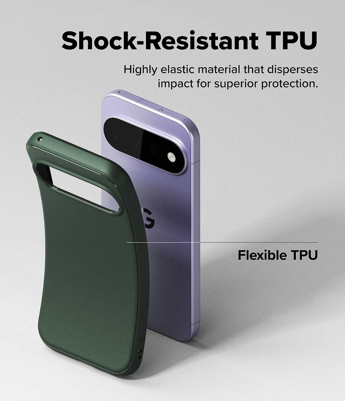 Google Pixel 11 Case | Onyx - Two smartphone cases shown on a light gray studio background with marketing text: a dark green case in front and a lavender phone case behind it. The text reads 'Shock-Resistant TPU' and 'Flexible TPU' to explain the material benefits.