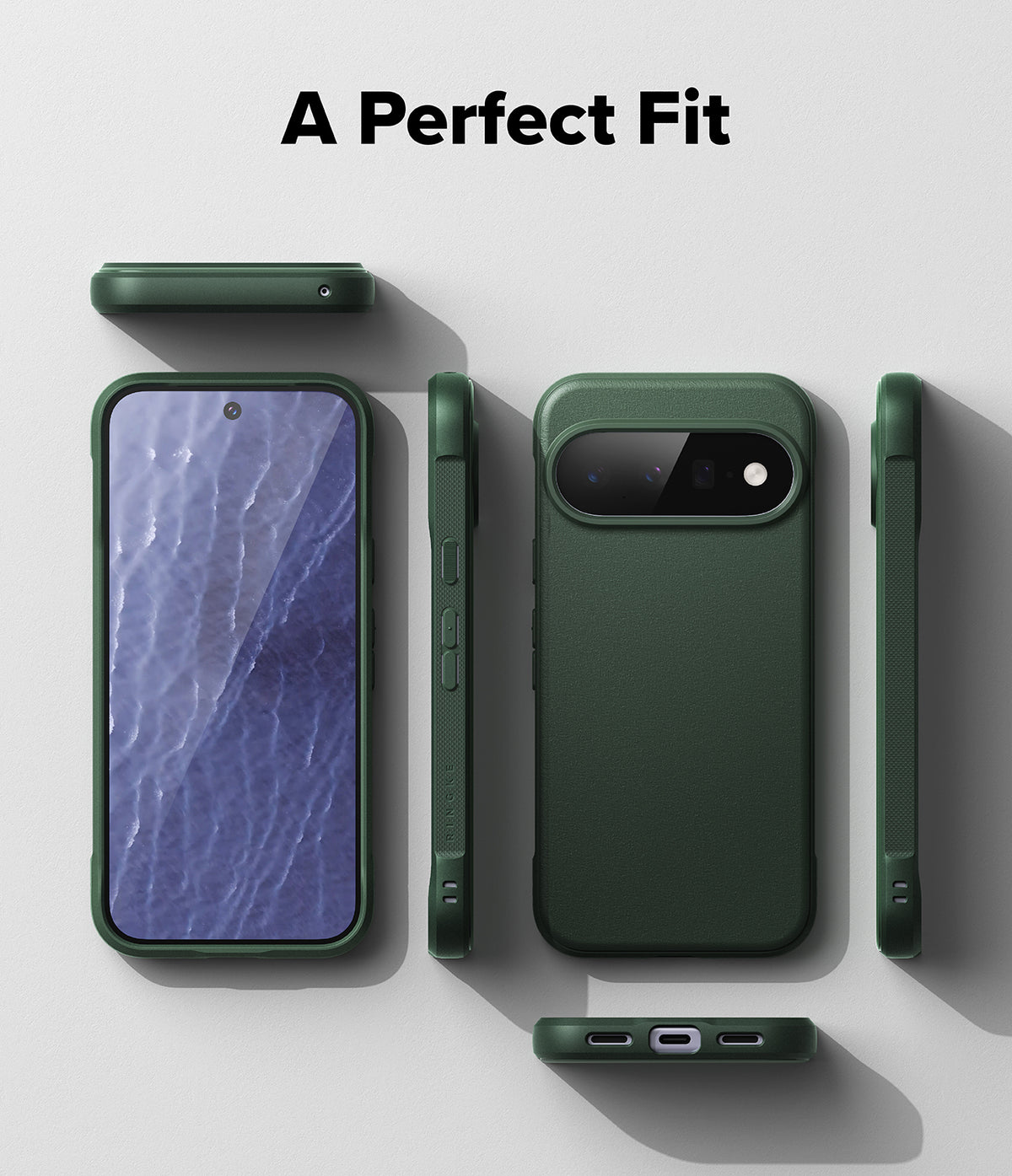 Google Pixel 11 Case | Onyx - A dark green protective phone case shown from multiple angles on a light gray background, with the text 'A Perfect Fit' at the top. The views include the back of the phone in the case, side profiles, and a bottom view showing the charging port opening.