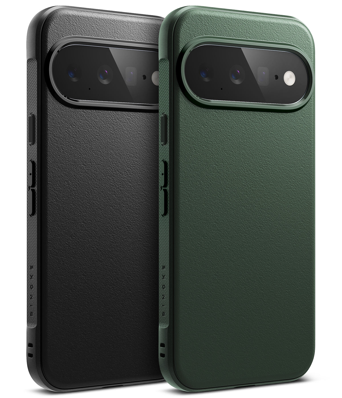 Google Pixel 11 Case | Onyx - Two textured leather phone cases shown from the back, one in black and one in dark green, both with raised camera bezels, on a white background.
