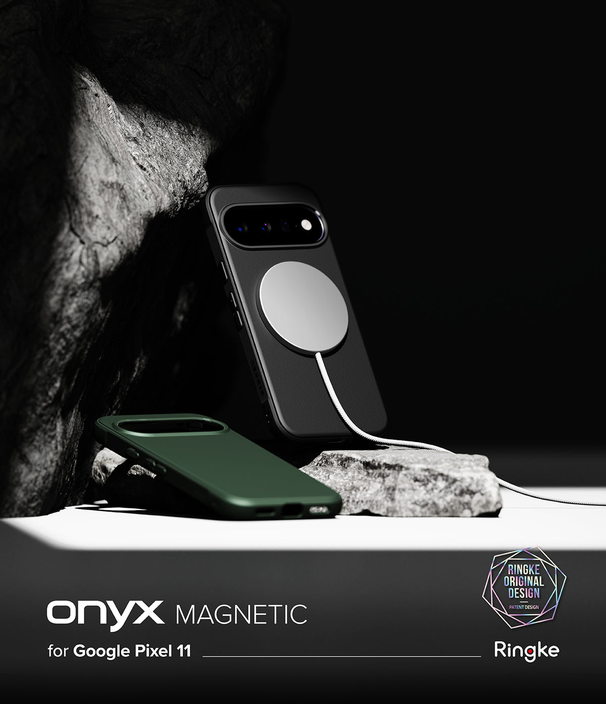 Google Pixel 11 Case | Onyx Magnetic - A dark green magnetic phone case and a black magnetic phone case with a white MagSafe ring, displayed on rocks against a black background. Text at the bottom reads 'onyx MAGNETIC for Google Pixel 11 Pro' with Ringke branding.