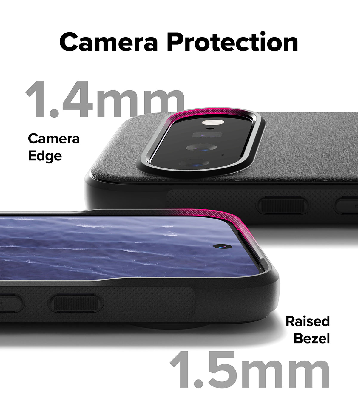 Google Pixel 11 Case | Onyx Magnetic - Black phone camera protection case shown from the back and side, with text labels indicating 1.4mm camera edge and 1.