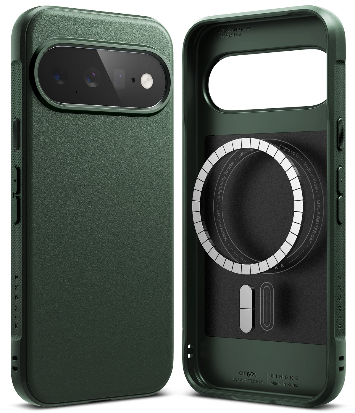 Google Pixel 11 Case | Onyx Magnetic - Two views of a dark green protective phone case with a textured leather-like finish, showing the back and the interior MagSafe-compatible ring design.