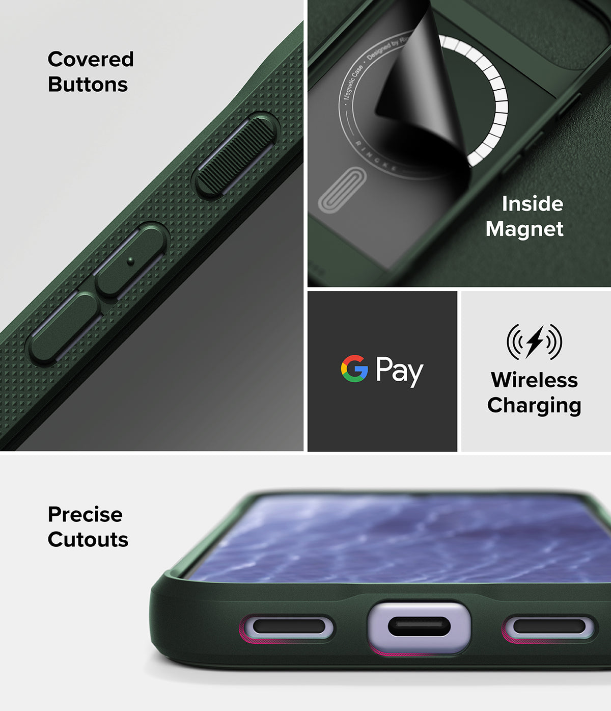 Google Pixel 11 Case | Onyx Magnetic - A dark green protective phone case shown in a multi-panel feature graphic. The panels highlight a covered button, an inside magnetic ring, Google Pay wireless charging compatibility, and precise cutouts for charging ports.