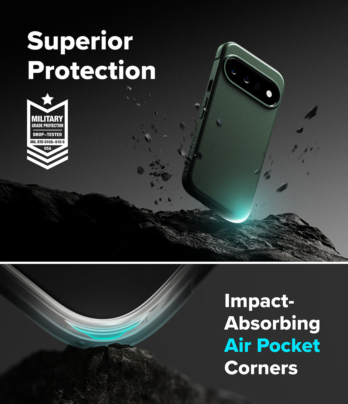 Google Pixel 11 Case | Onyx Magnetic - A dark green phone case shown floating above a rocky surface with debris, under the text 'Superior Protection' and a military impact-test badge. The lower section shows the case corner absorbing impact with the text 'Impact-Absorbing Air Pocket Corners.